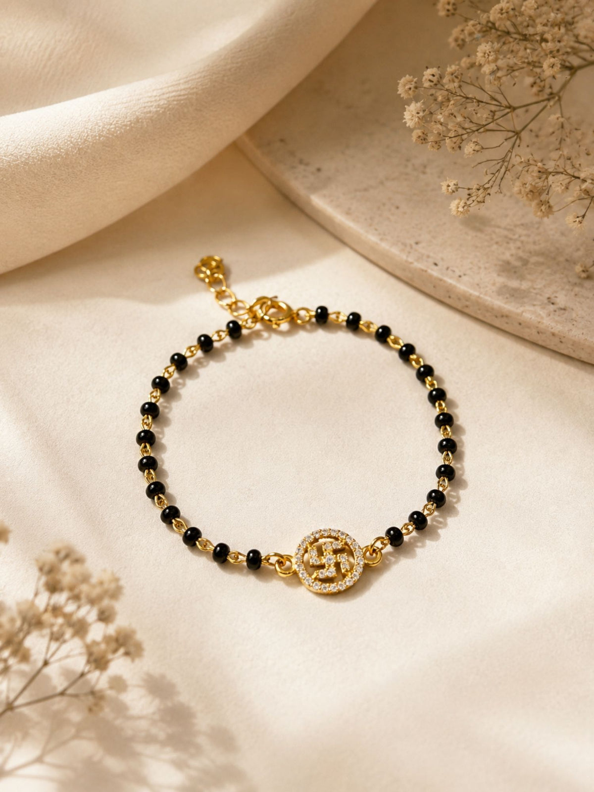 925 Sterling Silver Gold Plated Swastik Baby Nazariya Bracelet with CZ