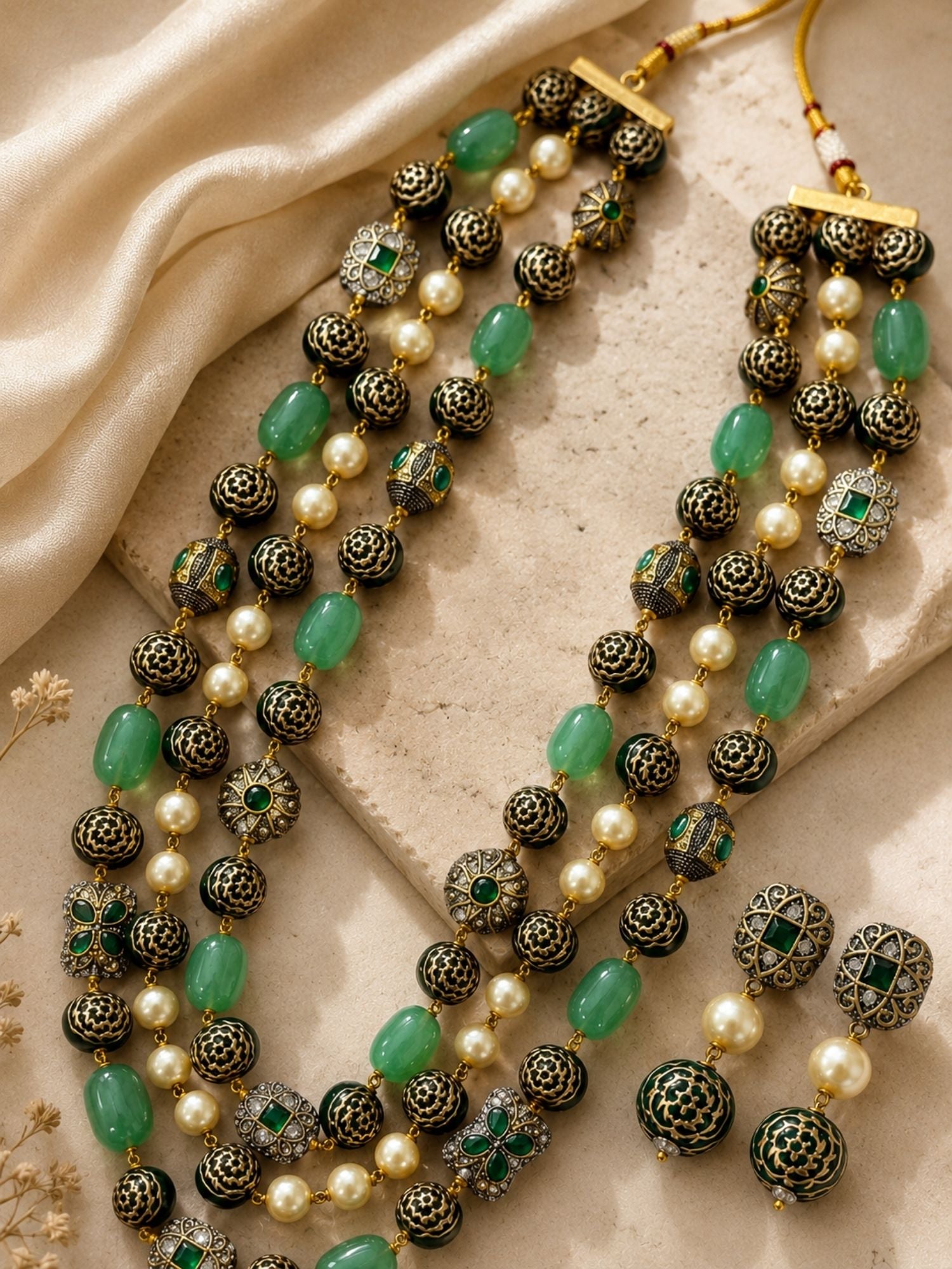Antique Gold Plated Green Bead Pearl Mala Necklace Set with Earrings