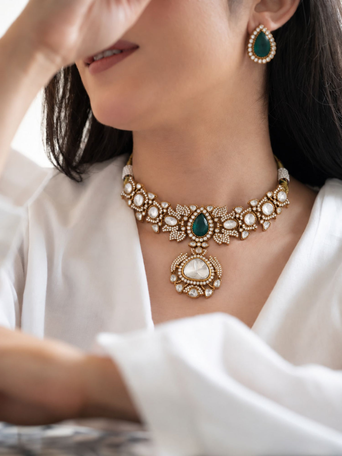 Gold Plated Green Kundan Polki Statement Necklace Set with Earrings