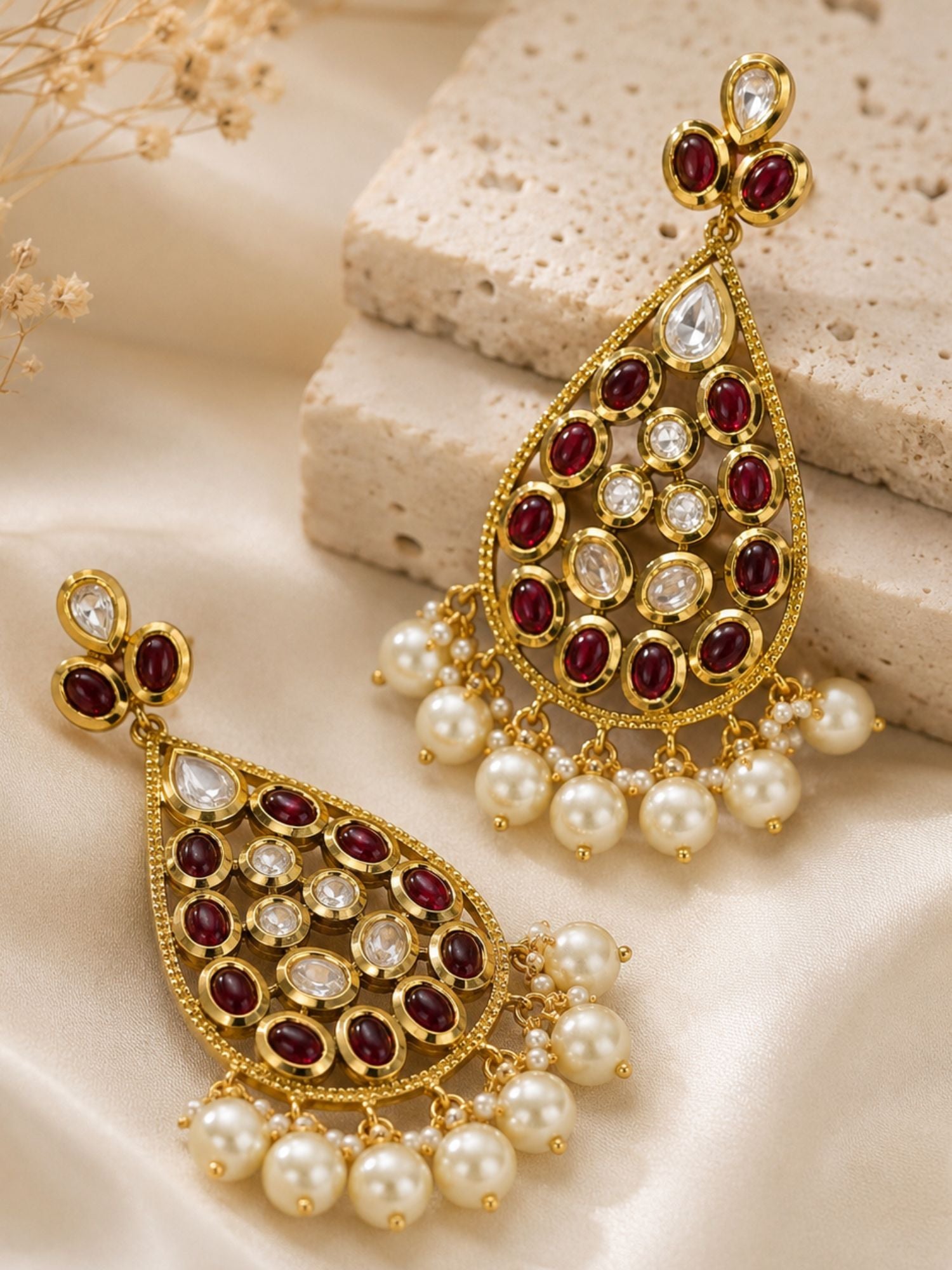 Gold Plated Ruby Kundan Pearl Statement Earrings for Women