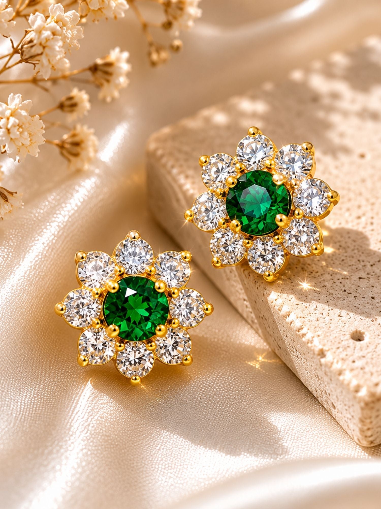 925 Sterling Silver Gold Plated Emerald Green Stone Flower Stud Earrings