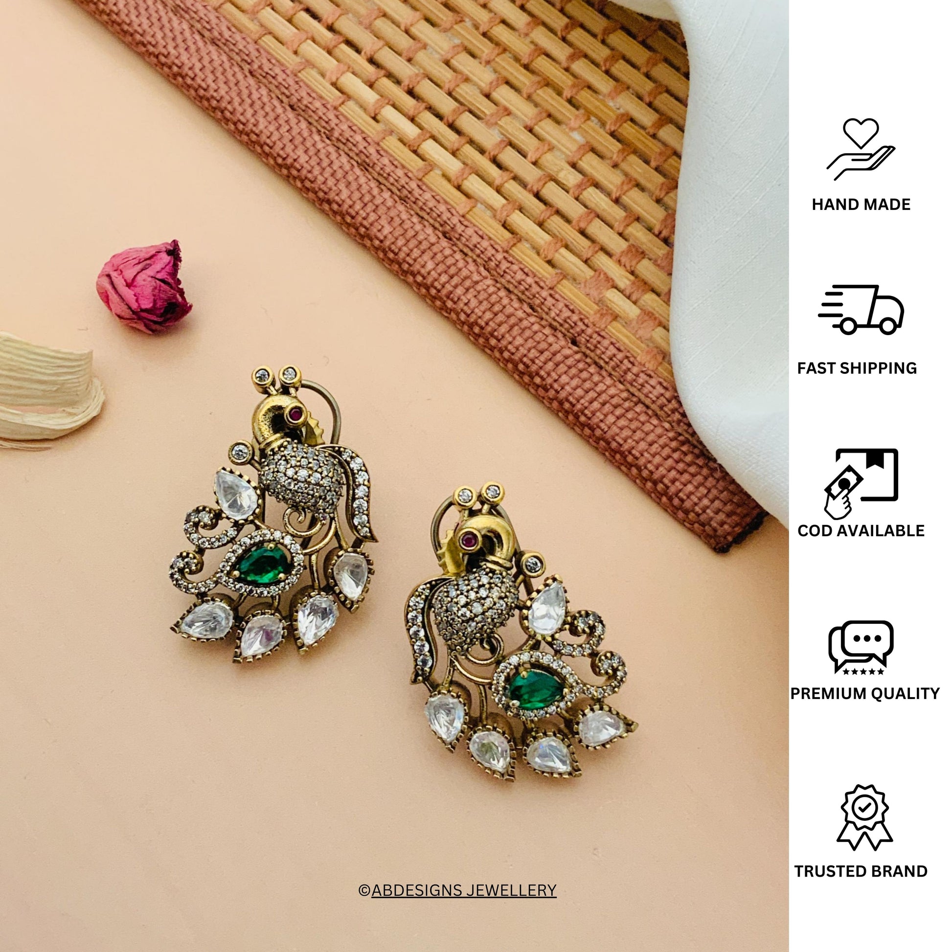 High Quality Antique Gold Plated Peacock Stud Earring - earrings by Abdesigns Jewellery