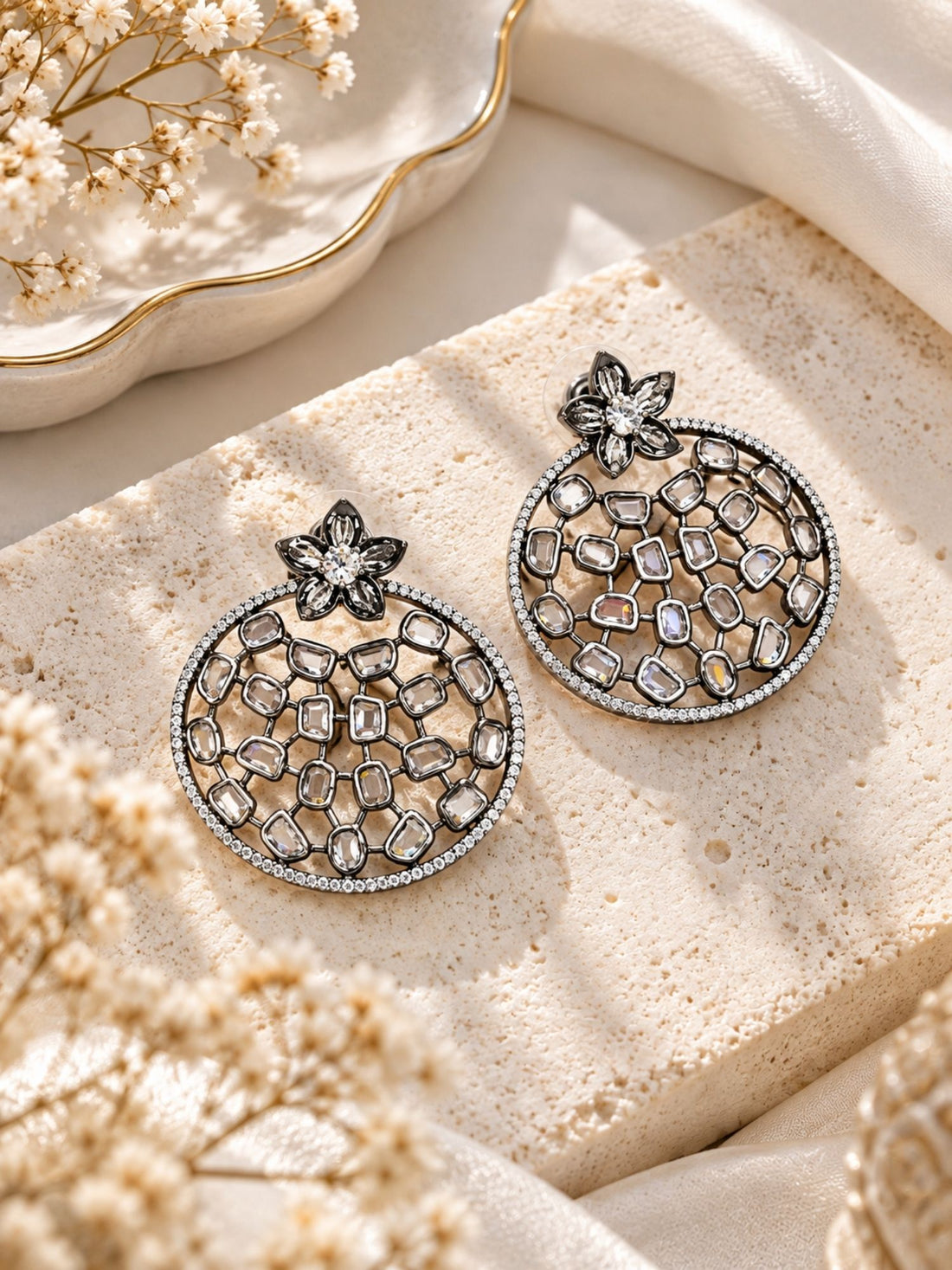 Black Rhodium Kundan Polki Floral Statement Earrings | Abdesigns