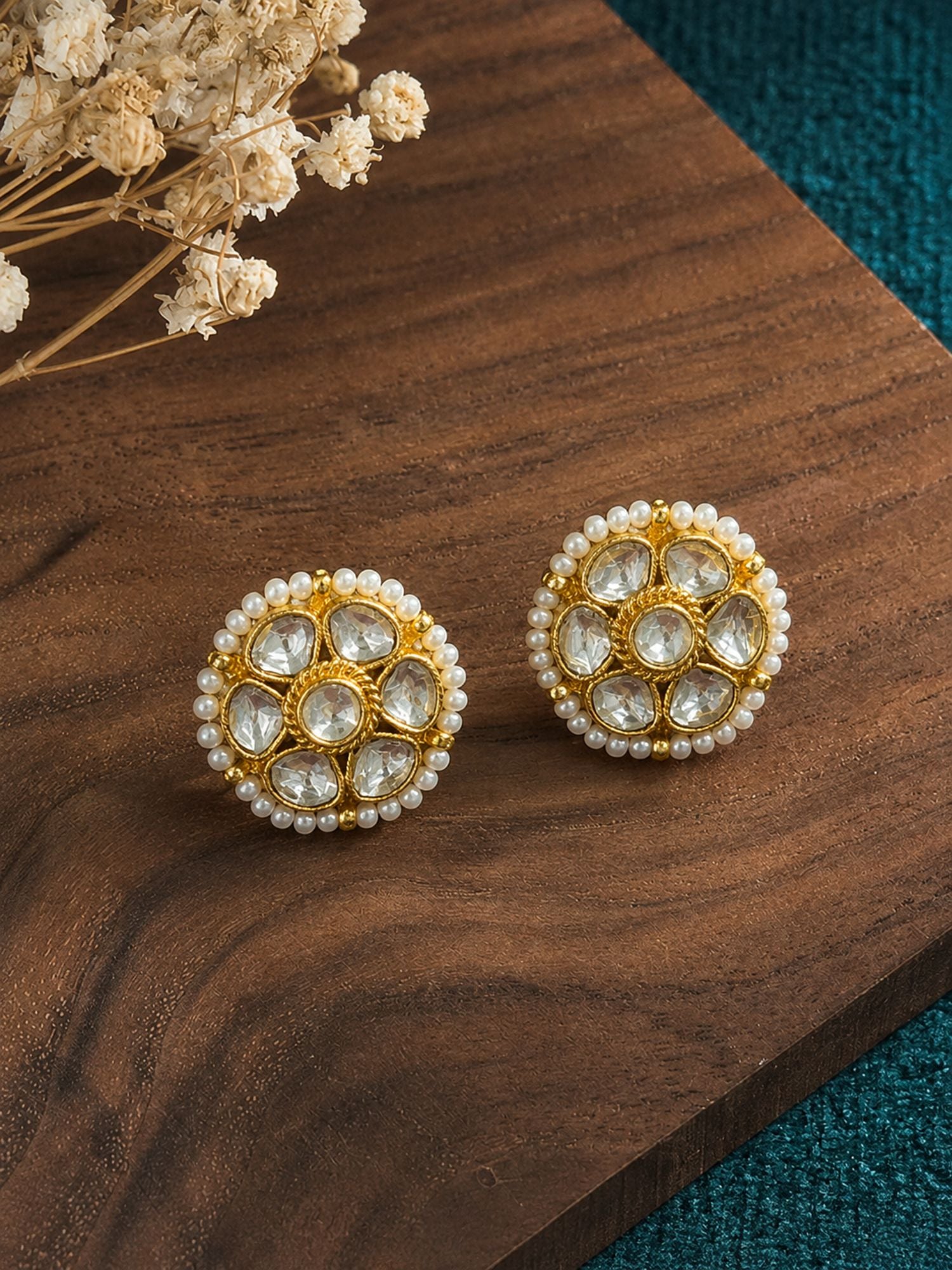 Gold Plated Floral Kundan Pearl Stud Earrings for Women
