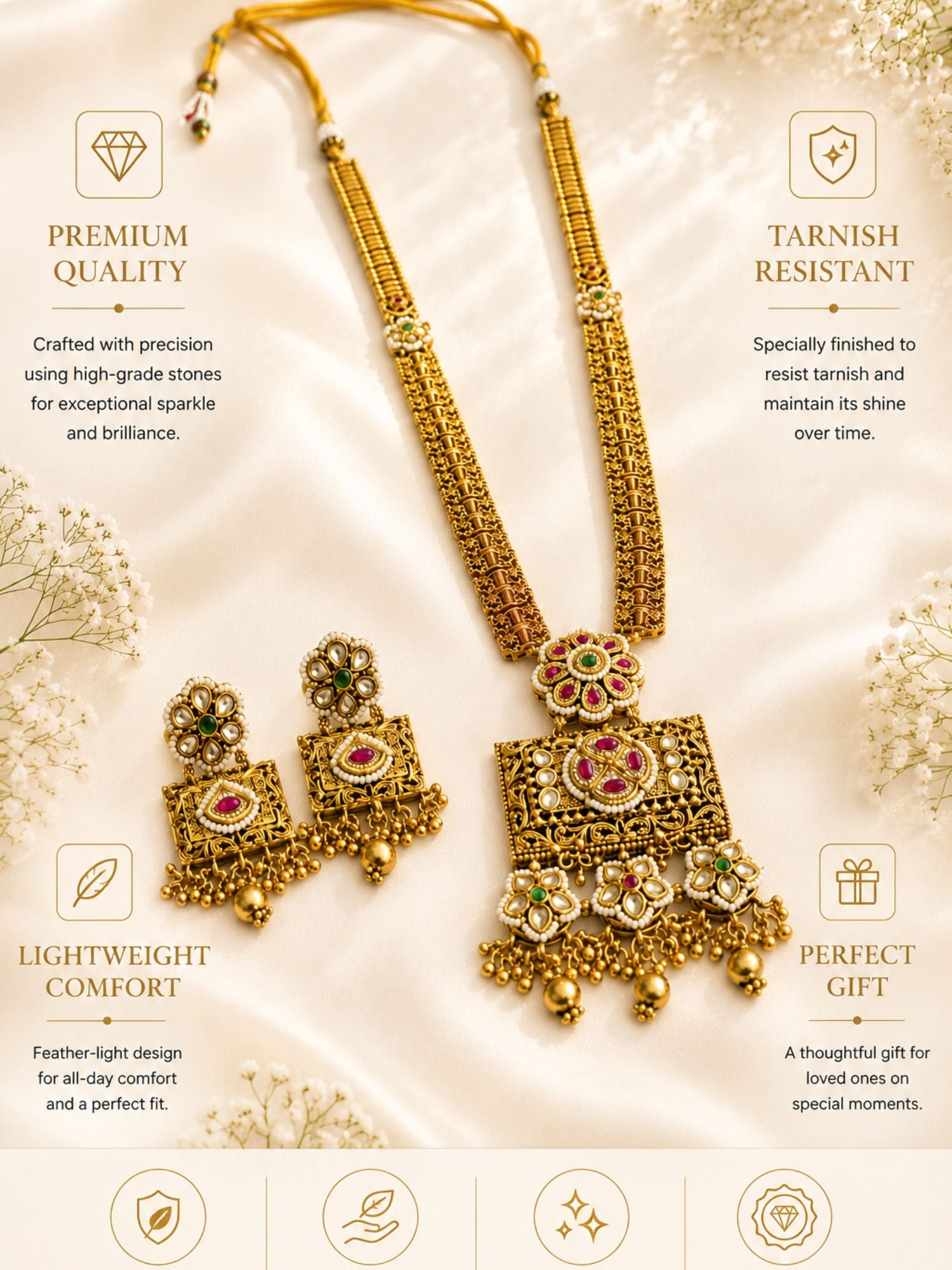Antique Gold Ahmedabadi Polki Long Flower Necklace Set | Abdesigns