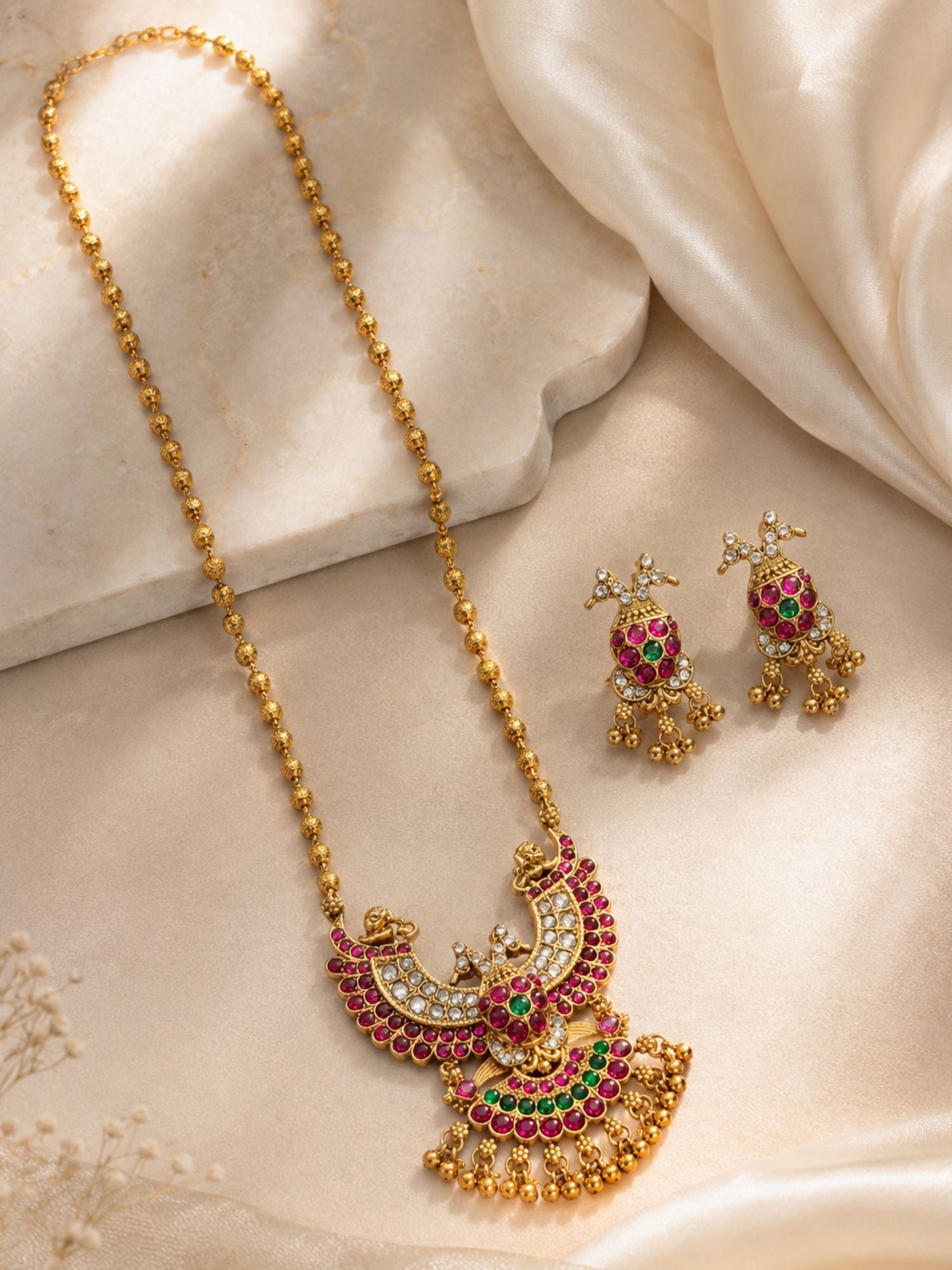 Peacock Temple Kempu Necklace Set in Gold Plating | Abdesigns Jewellery