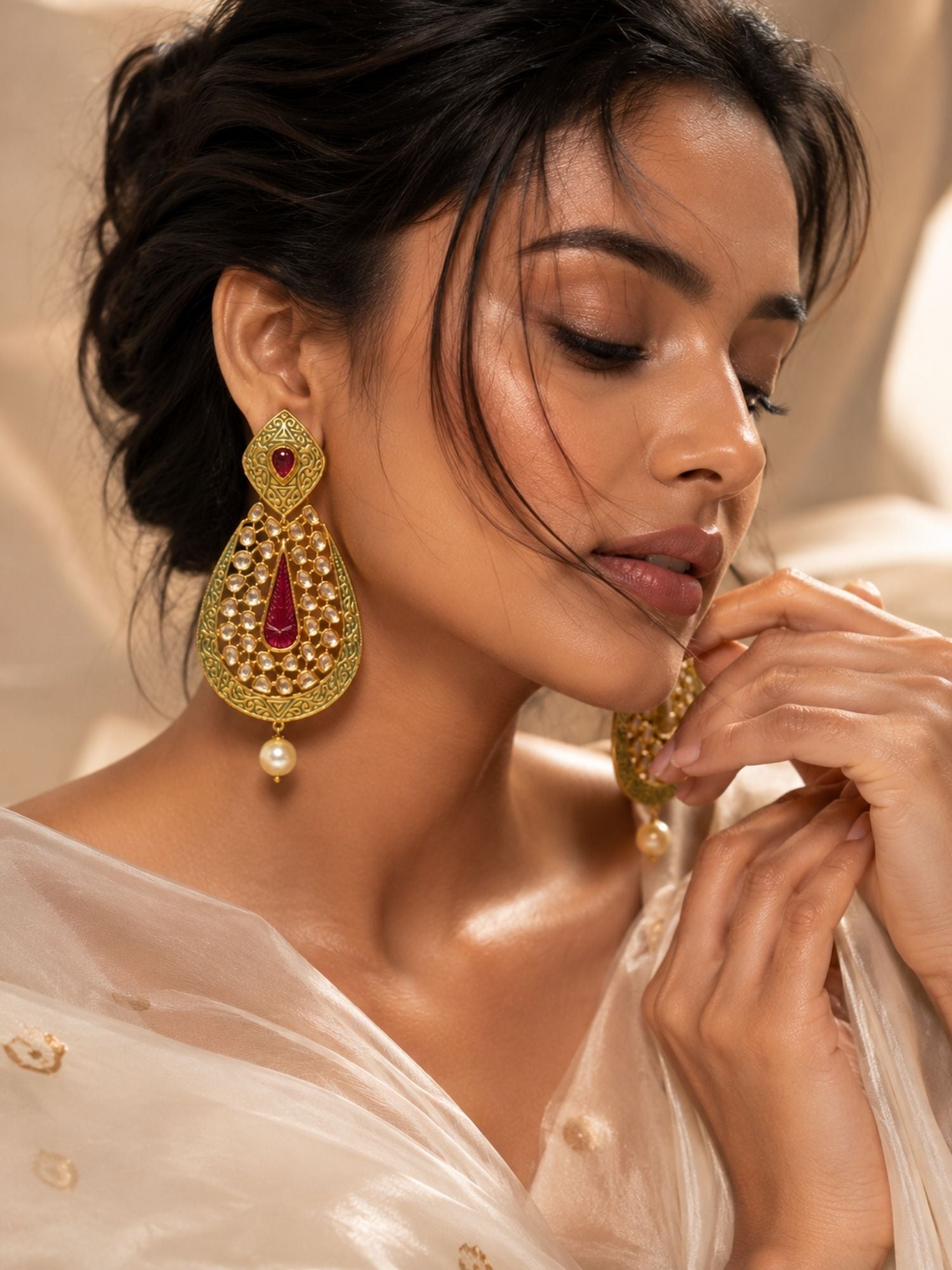Ruby Green Kundan Statement Earrings – Pearl Drop Ethnic Earrings | Abdesigns Jewellery