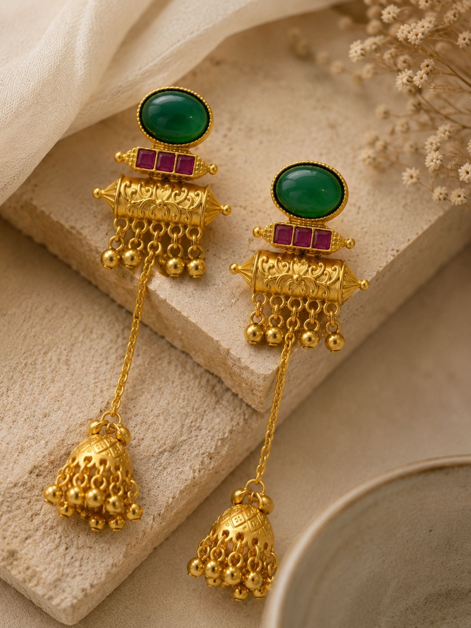 Jhumka Earrings in Gold Plating – Long Chain | Abdesigns