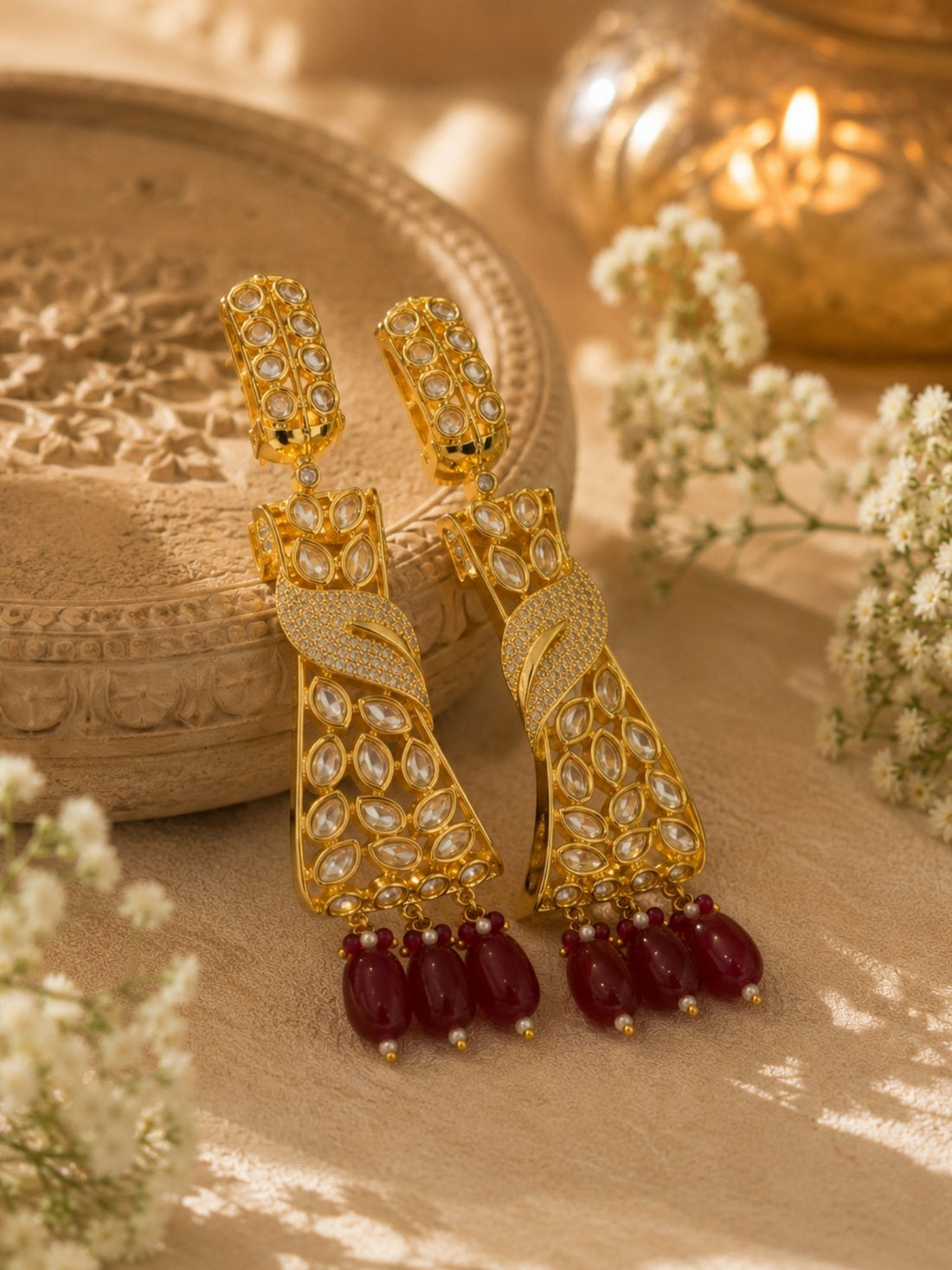 Ruby Kundan Drop Earrings in Gold Finish – Party Wear | Abdesigns Jewellery