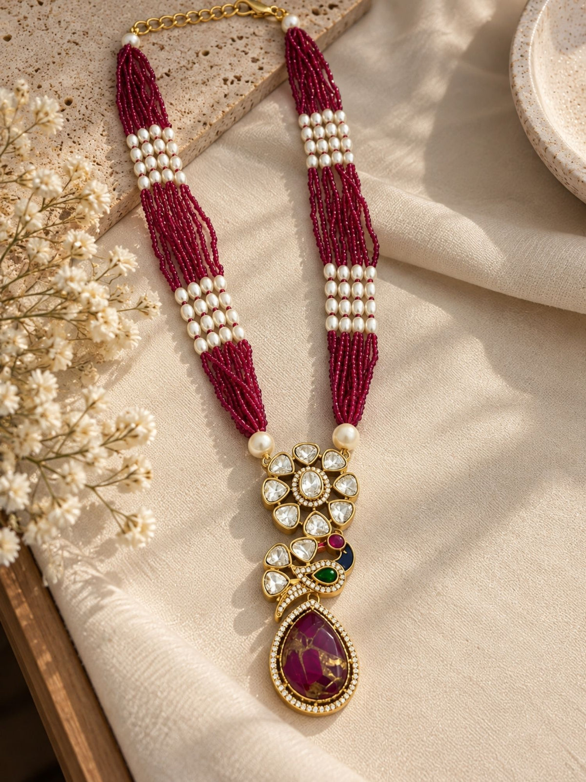 Gold Plated Kundan Polki Peacock Pearl Mala Necklace Set | Abdesigns Jewellery