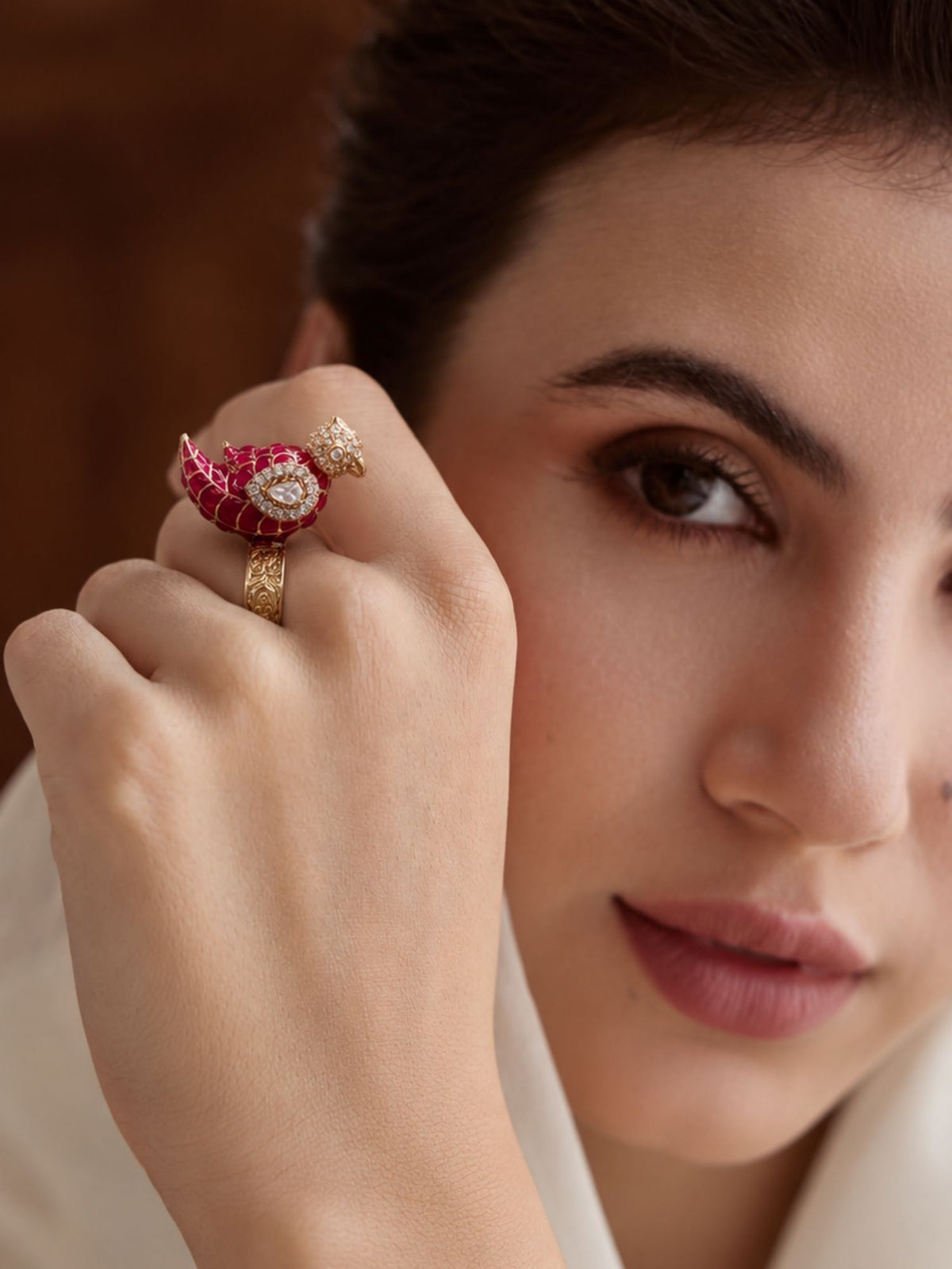 Gold Plated Meenakari Kundan Bird Statement Ring