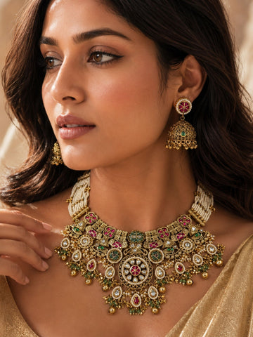 Antique Gold Temple Choker Necklace Set in Antique Gold – Bridal | Abdesigns