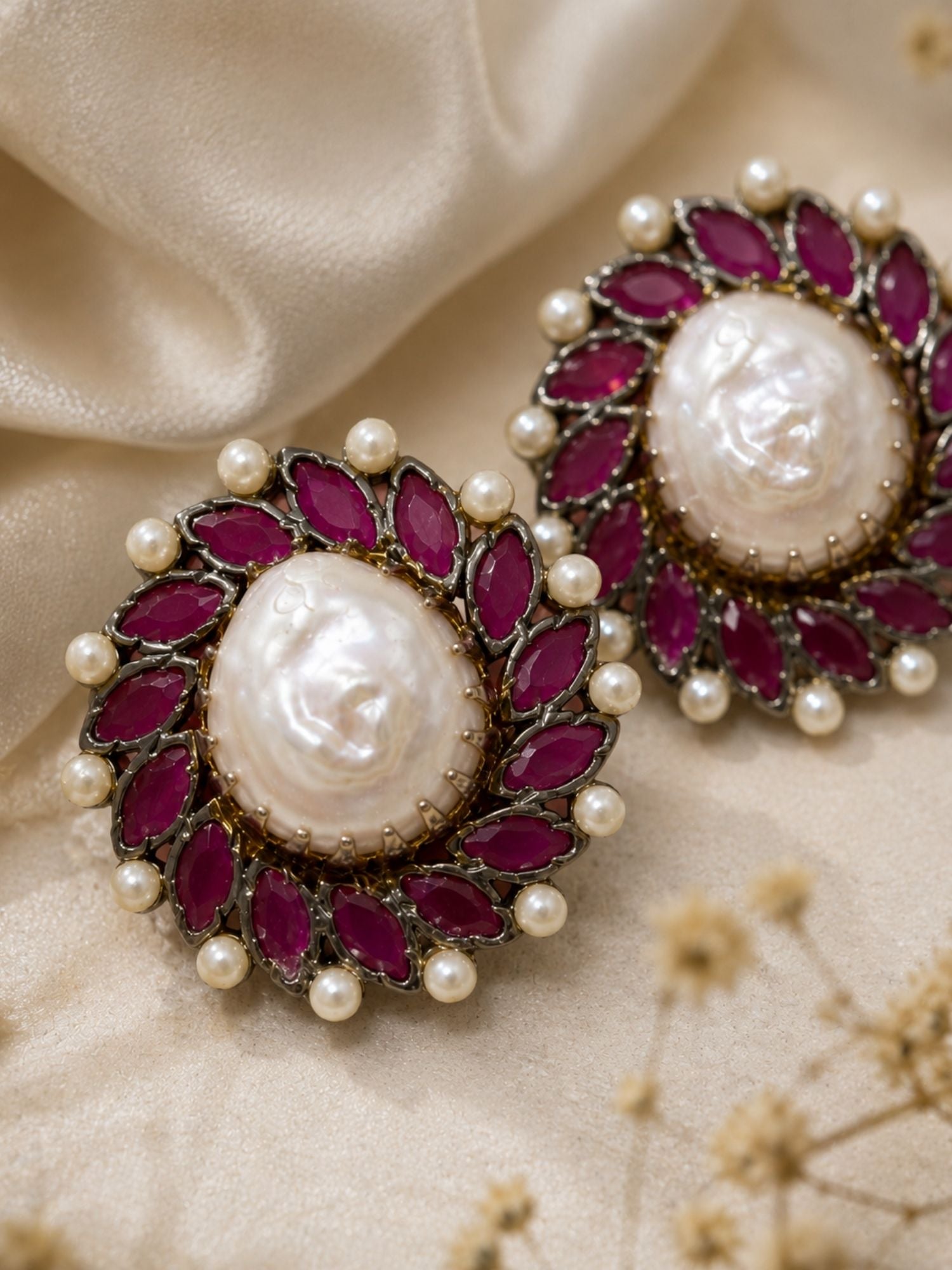 Royal Baroque Pearl Ruby Stud Earrings | Abdesigns Jewellery