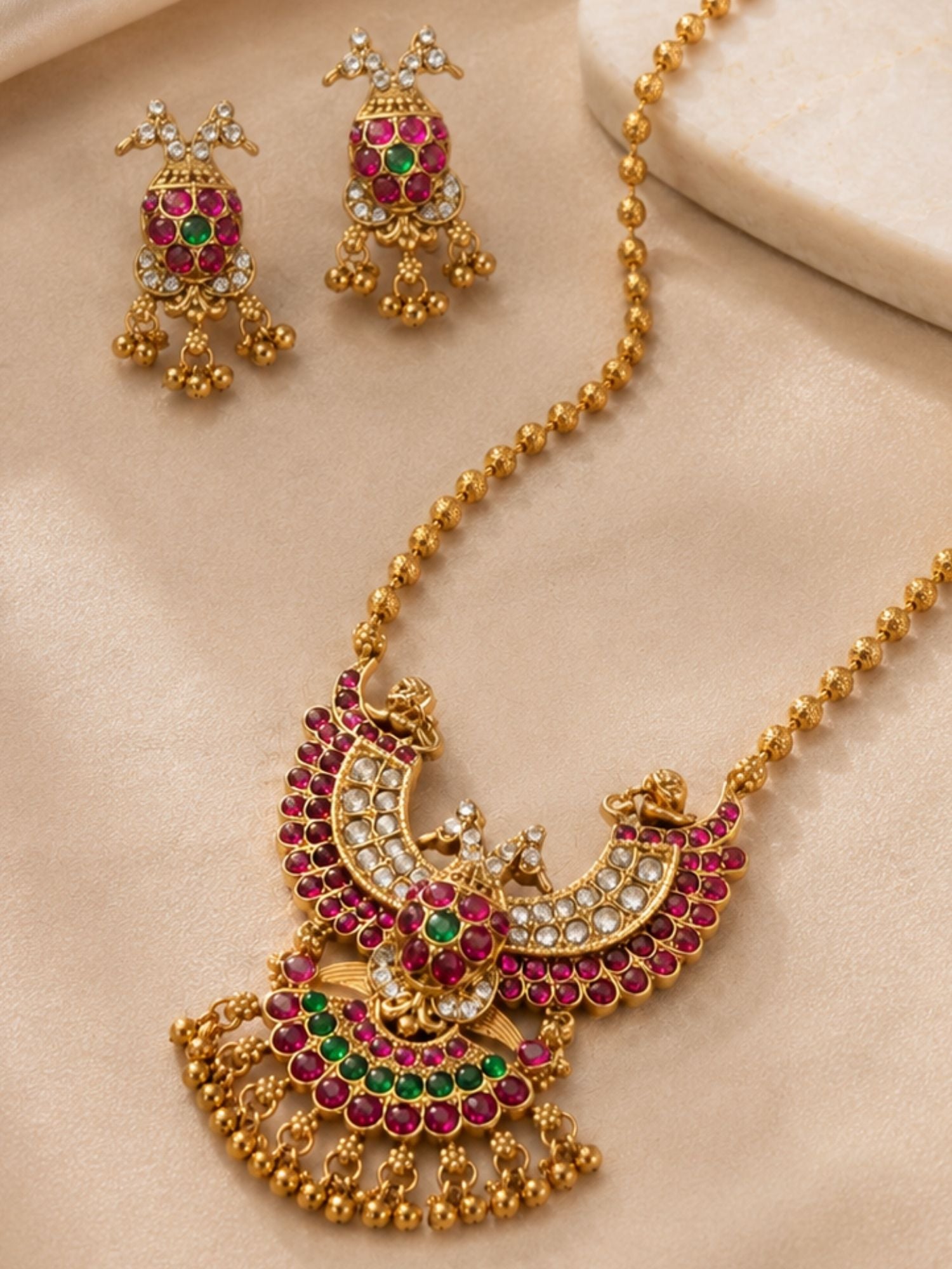 Peacock Temple Kempu Necklace Set in Gold Plating | Abdesigns Jewellery