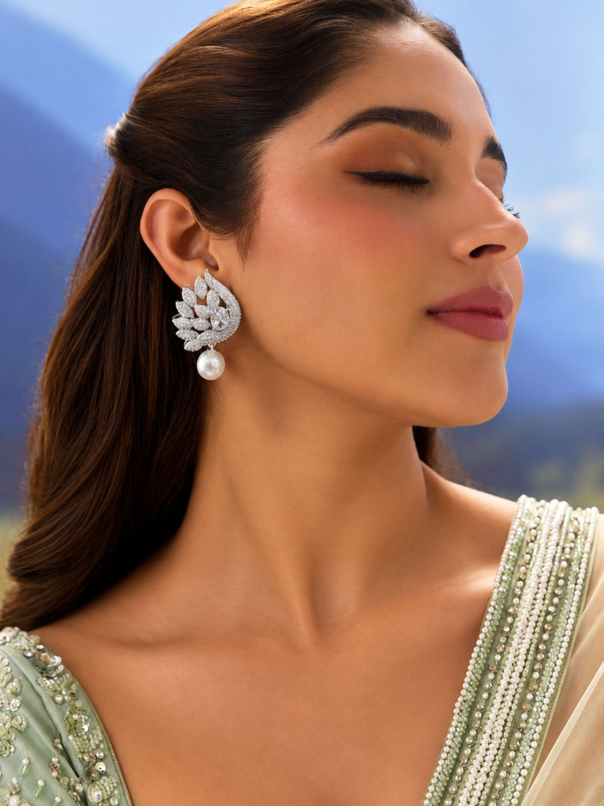 AD Stone Leaf Pearl Drop Statement Earrings Silver Plated | Abdesigns