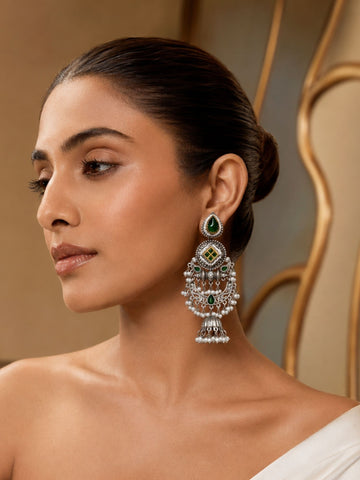 Oxidised Silver Green Stone Jhumka Earrings – Festive | Abdesigns