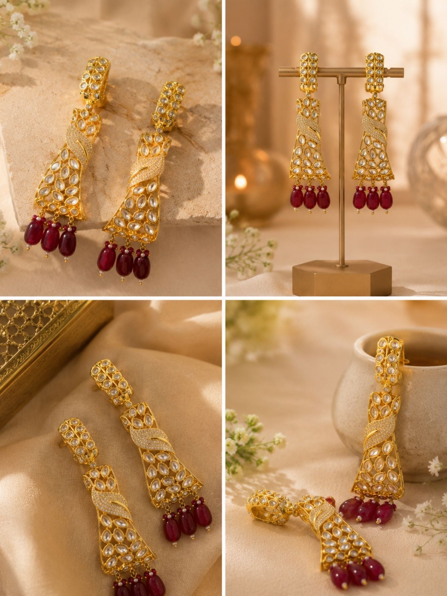 Ruby Kundan Drop Earrings in Gold Finish – Party Wear | Abdesigns Jewellery