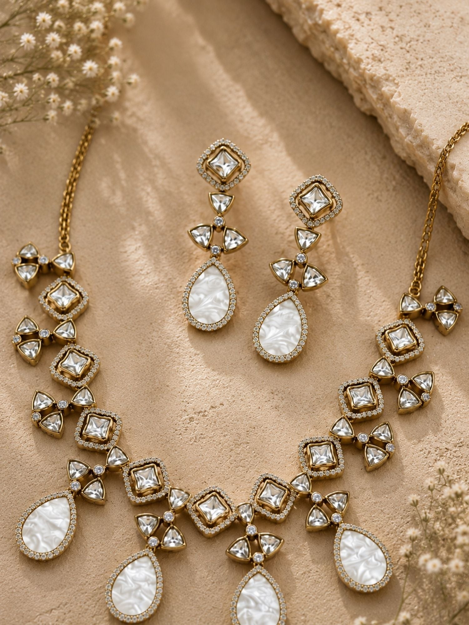 Victorian Gold Plated Mother of Pearl Necklace Set with Earrings