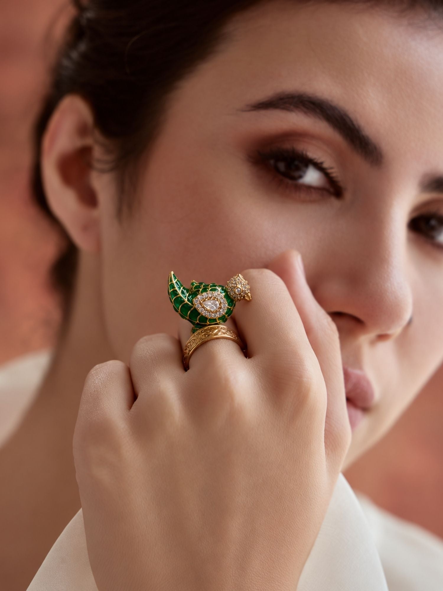 Gold Plated Meenakari Kundan Bird Statement Ring