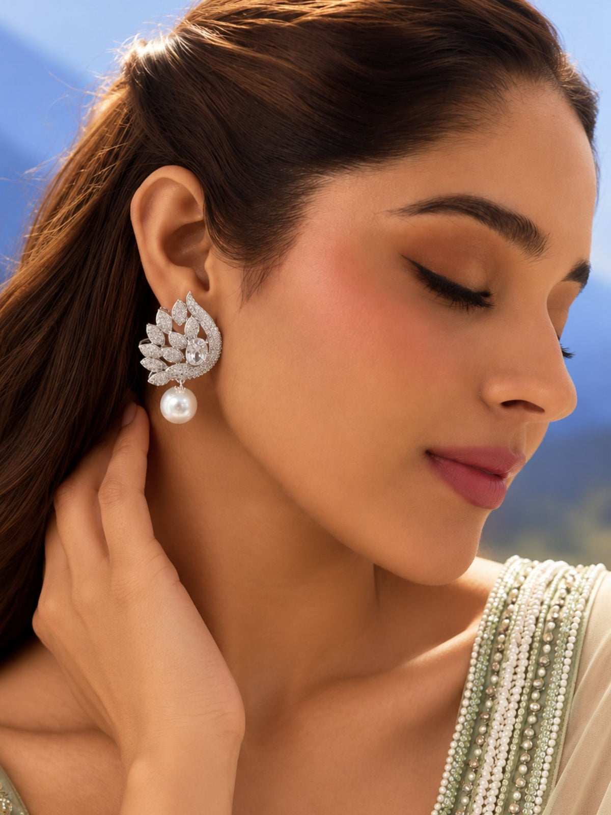 AD Stone Leaf Pearl Drop Statement Earrings Silver Plated | Abdesigns