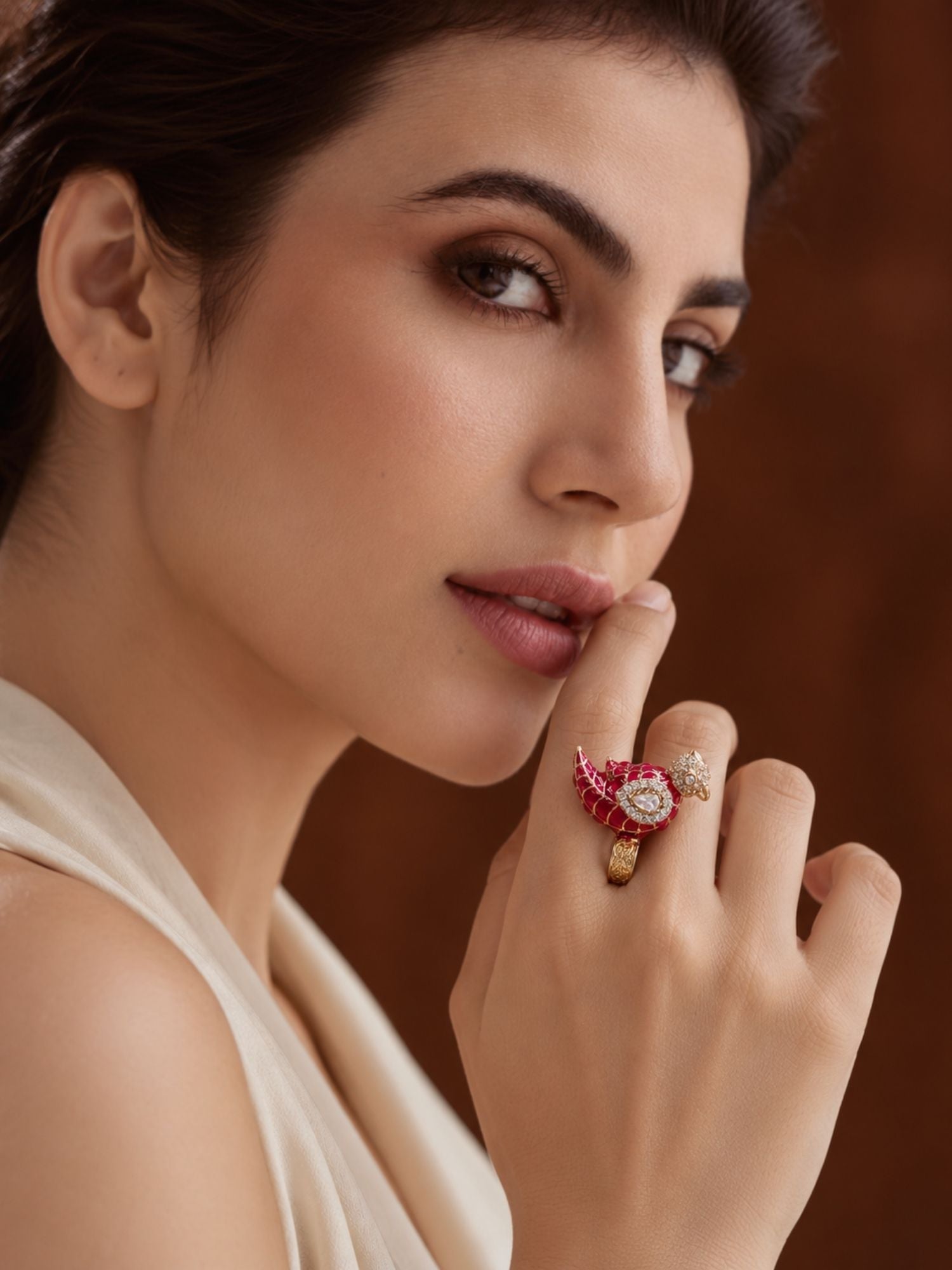 Gold Plated Meenakari Kundan Bird Statement Ring