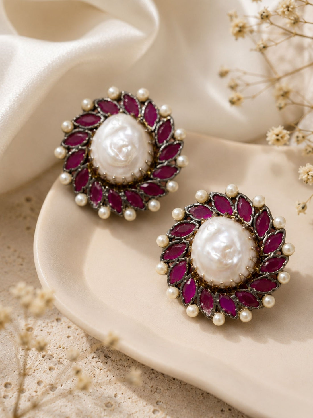 Royal Baroque Pearl Ruby Stud Earrings | Abdesigns Jewellery