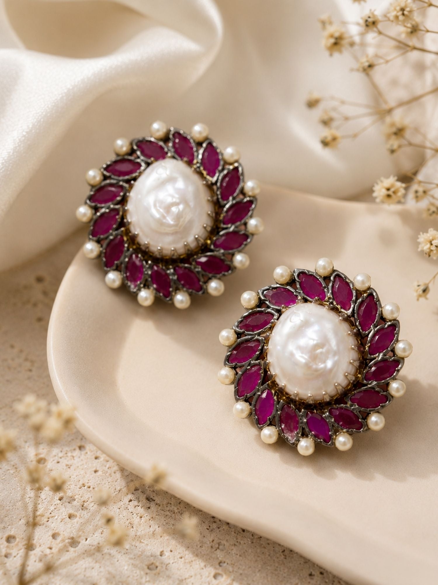 Royal Baroque Pearl Ruby Stud Earrings | Abdesigns Jewellery