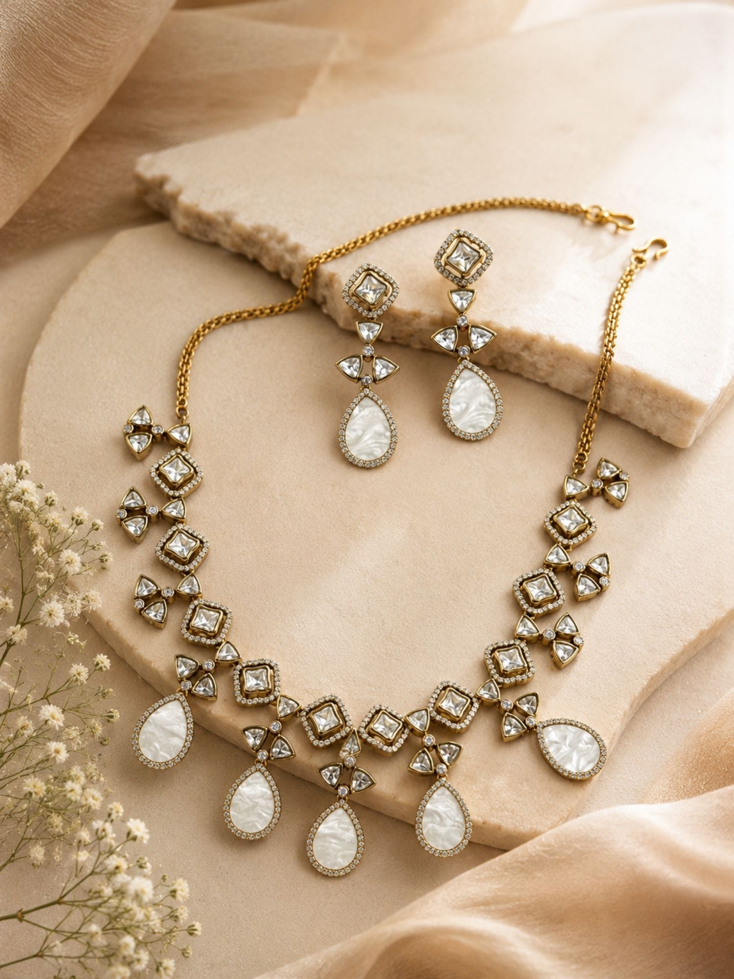 Victorian Gold Plated Mother of Pearl Necklace Set with Earrings