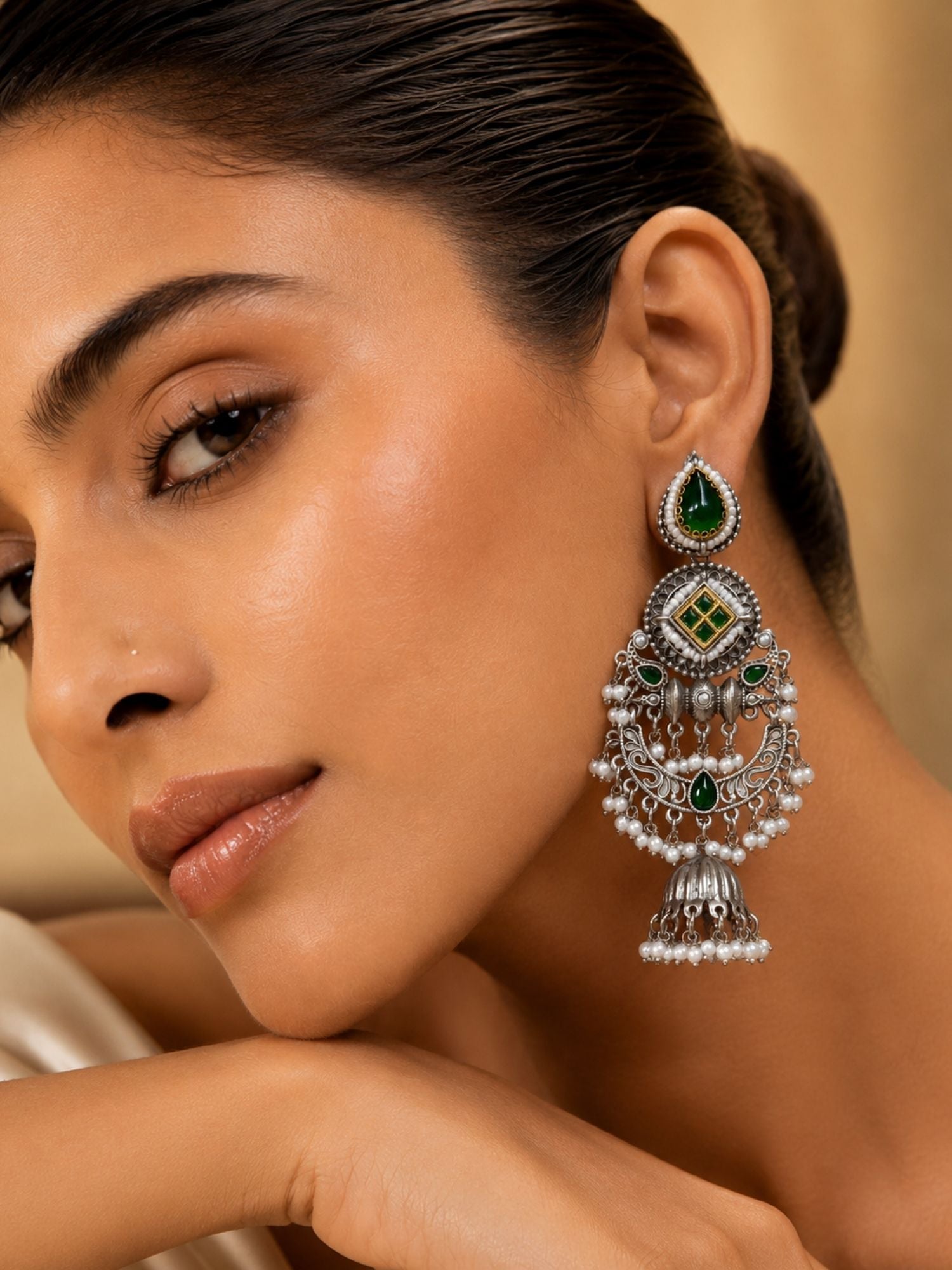 Oxidised Silver Green Stone Jhumka Earrings – Festive | Abdesigns