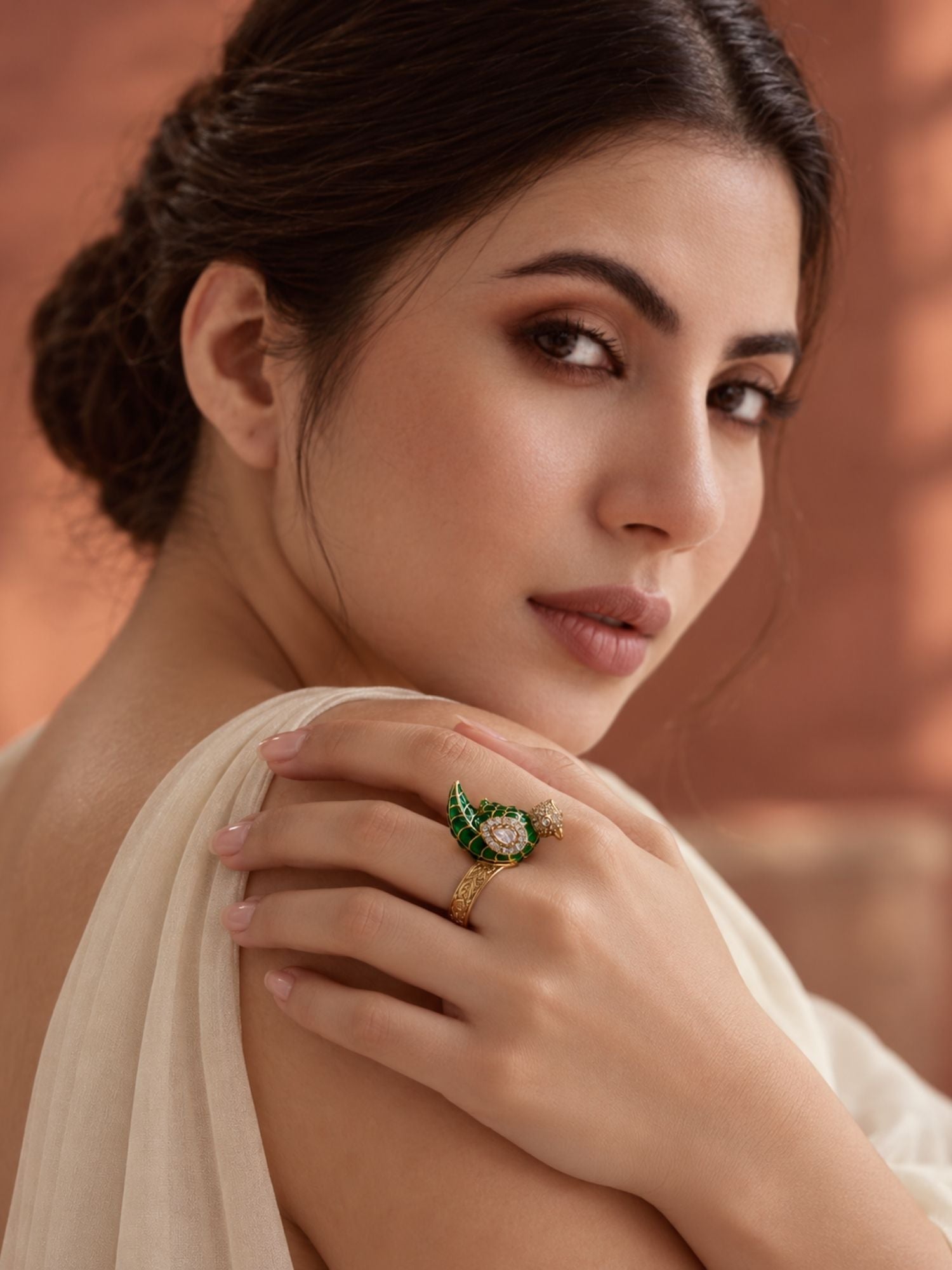 Gold Plated Meenakari Kundan Bird Statement Ring