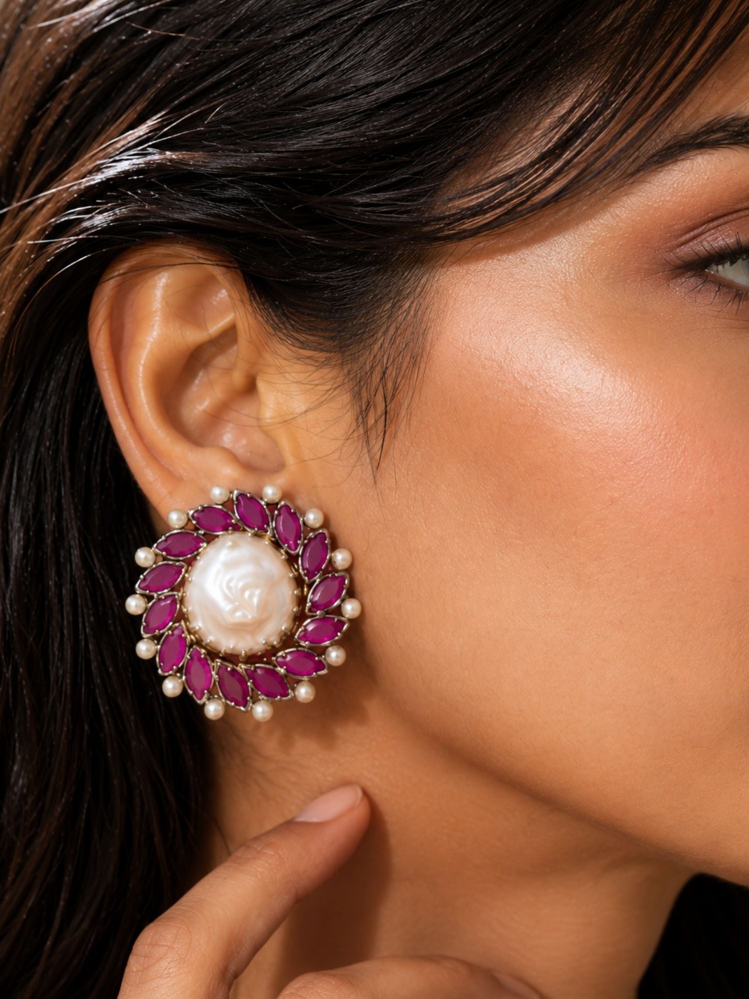 Royal Baroque Pearl Ruby Stud Earrings | Abdesigns Jewellery