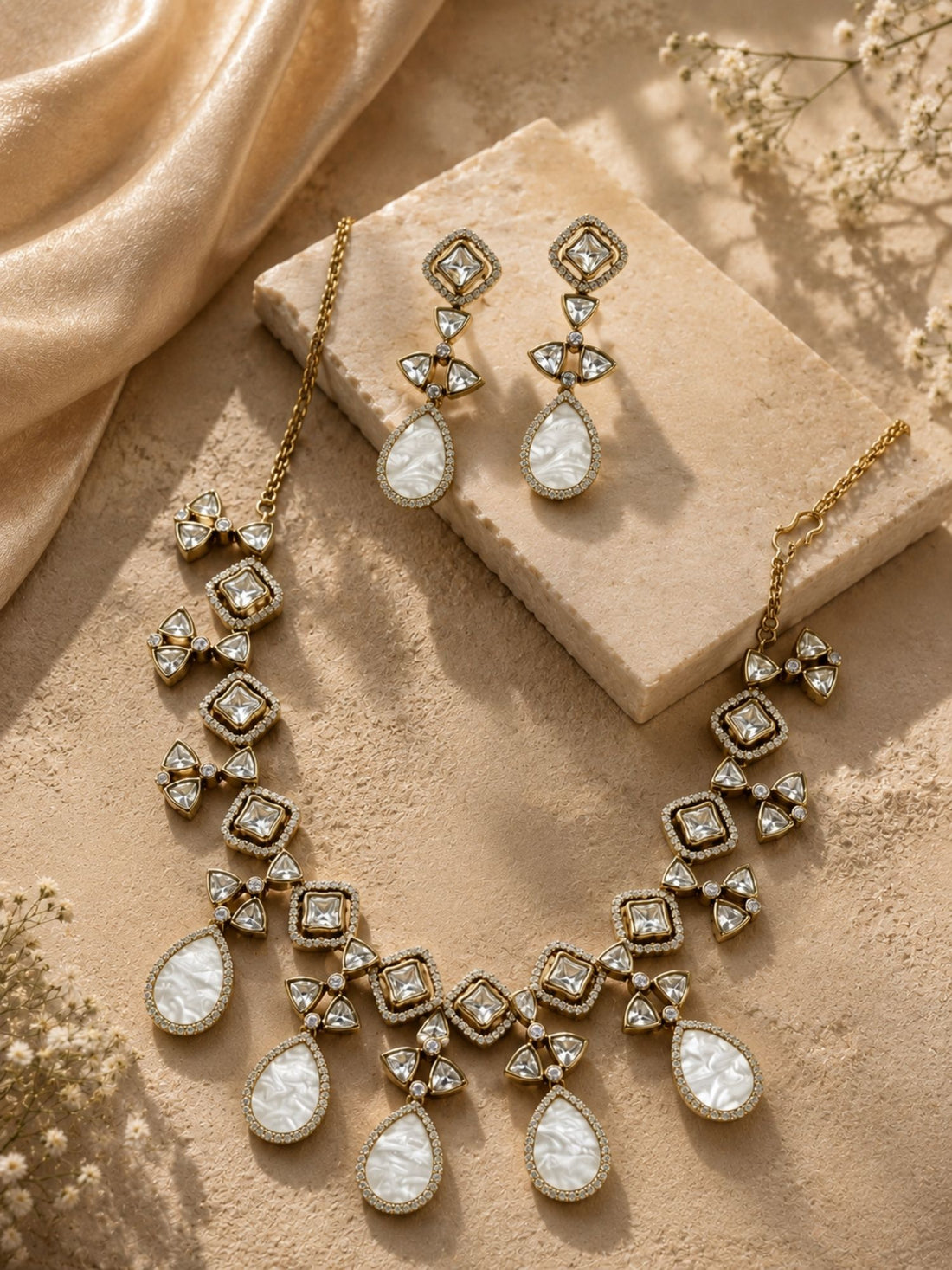 Victorian Gold Plated Mother of Pearl Necklace Set with Earrings