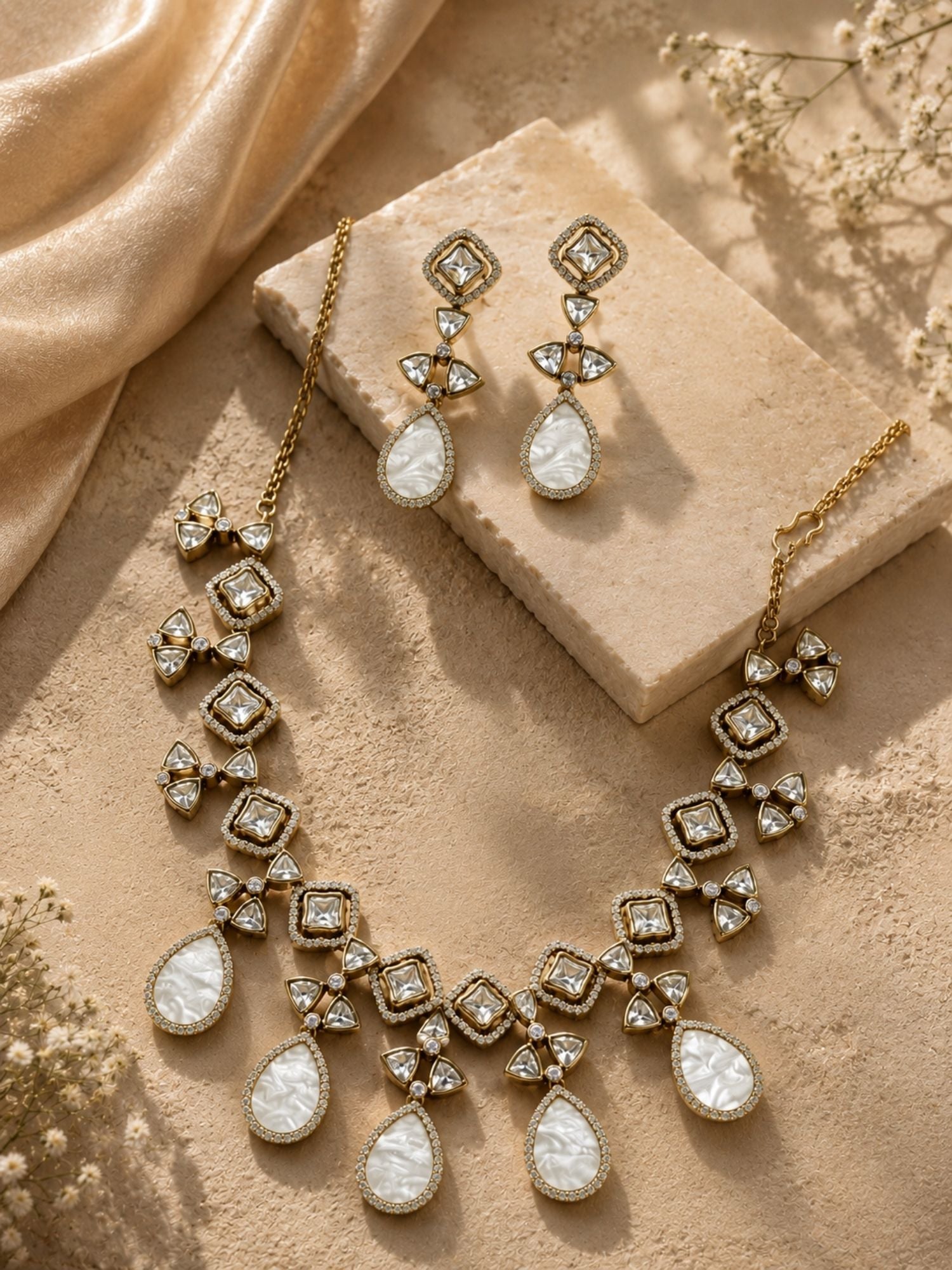 Victorian Gold Plated Mother of Pearl Necklace Set with Earrings