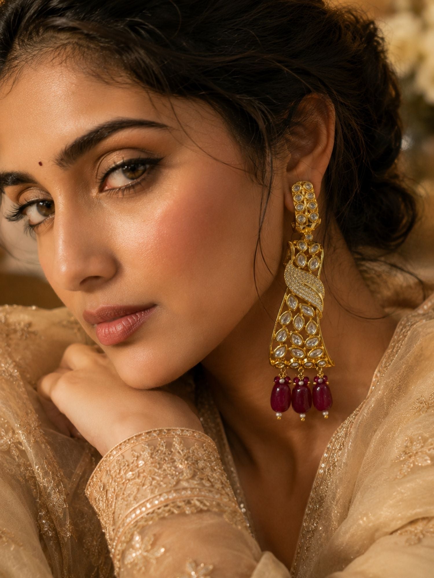 Ruby Kundan Drop Earrings in Gold Finish – Party Wear | Abdesigns Jewellery