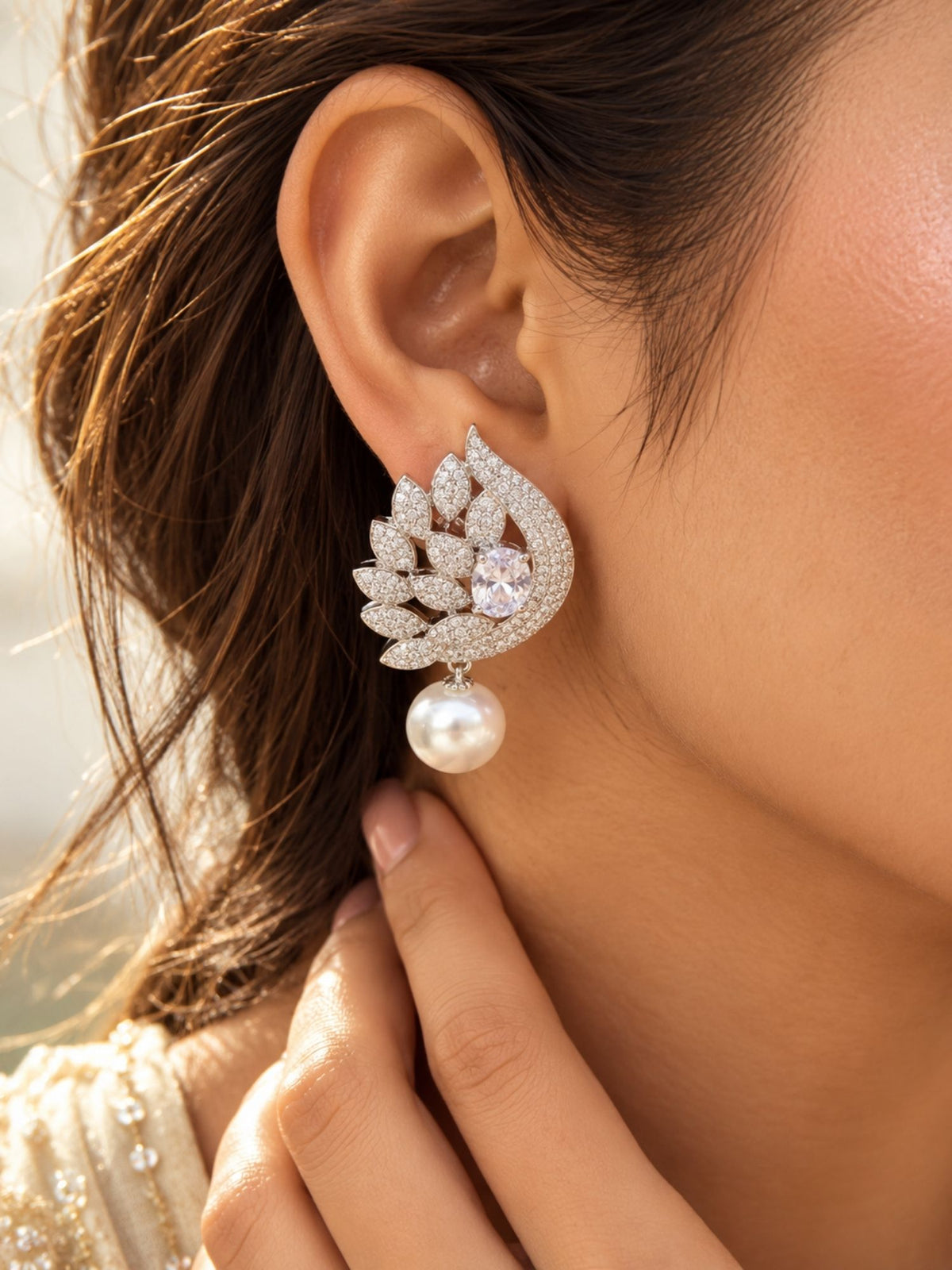AD Stone Leaf Pearl Drop Statement Earrings Silver Plated | Abdesigns