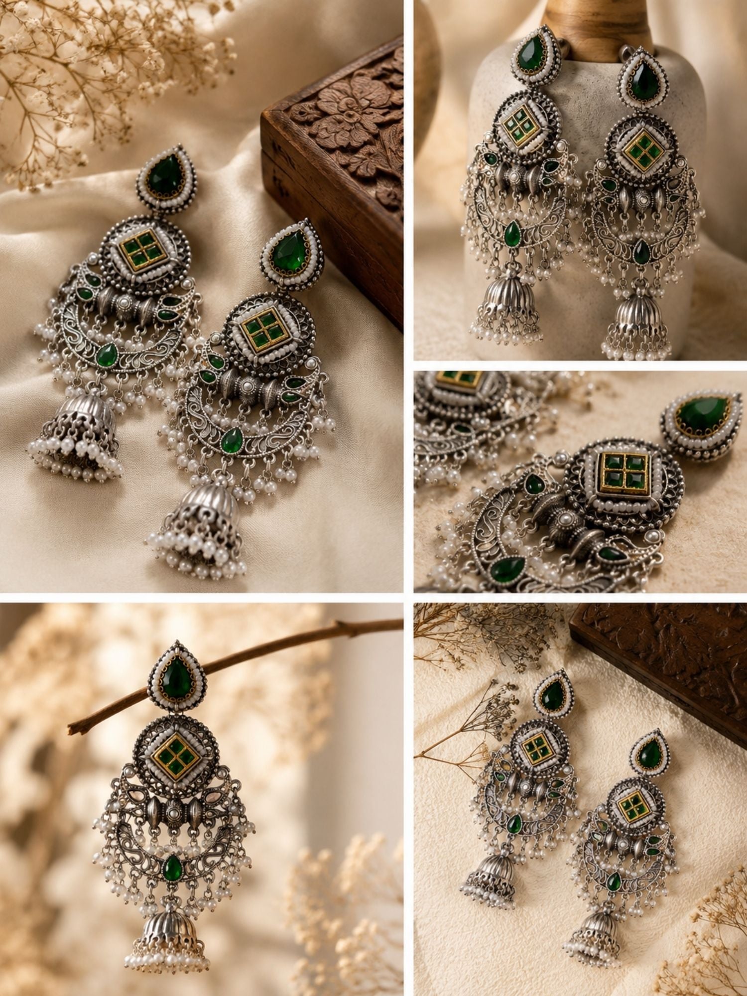Oxidised Silver Green Stone Jhumka Earrings – Festive | Abdesigns