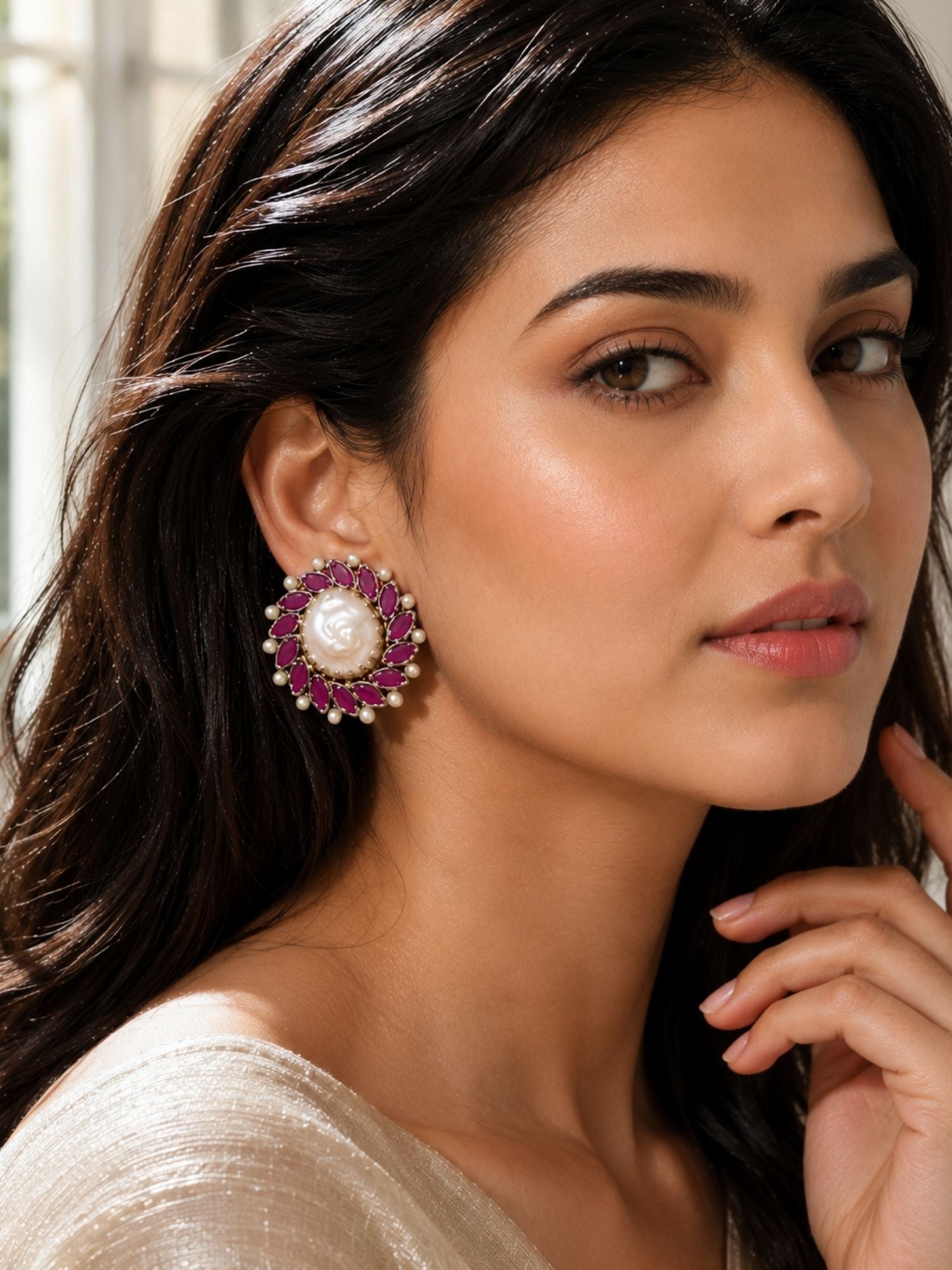 Royal Baroque Pearl Ruby Stud Earrings | Abdesigns Jewellery