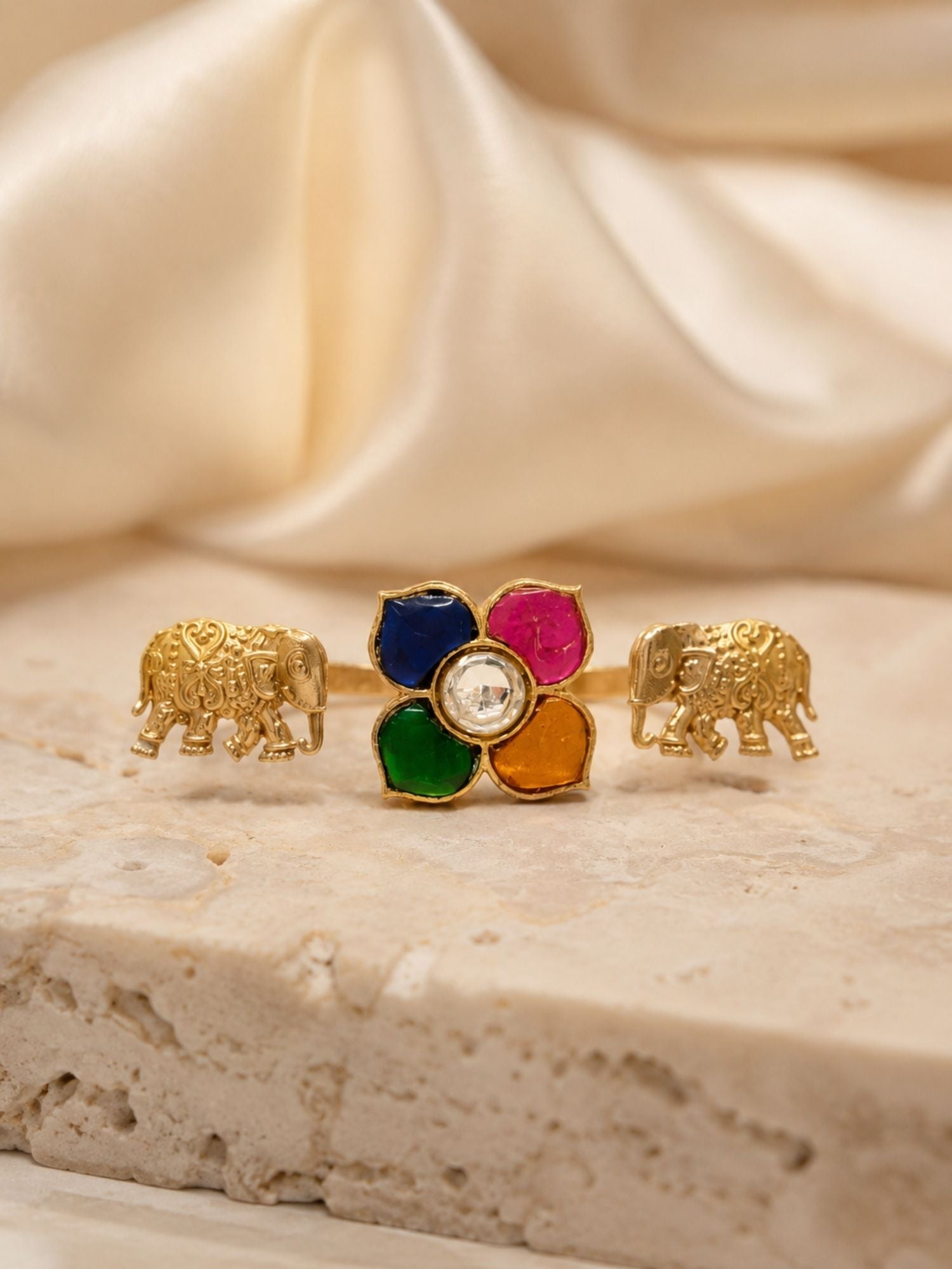 Multicolor Floral & Elephant Adjustable Ring Set for Women