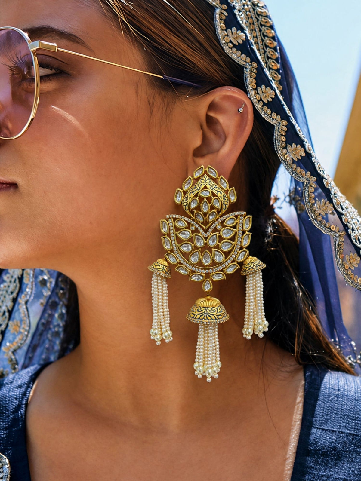 Kundan Polki Pearl Tassel Statement Earrings for Women