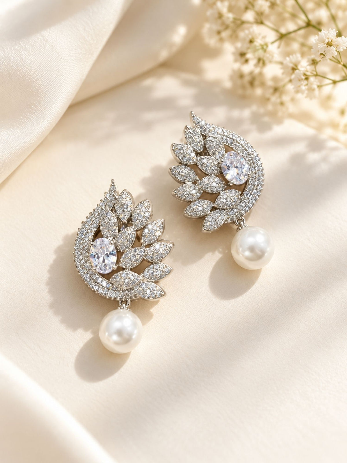 AD Stone Leaf Pearl Drop Statement Earrings Silver Plated | Abdesigns