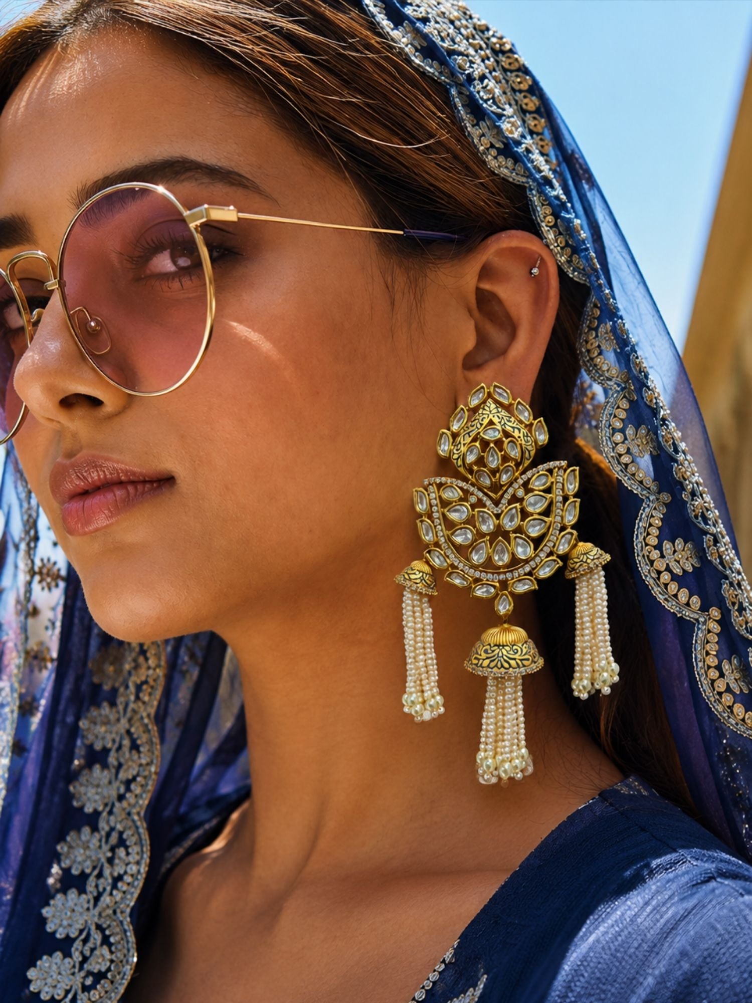 Kundan Polki Pearl Tassel Statement Earrings for Women