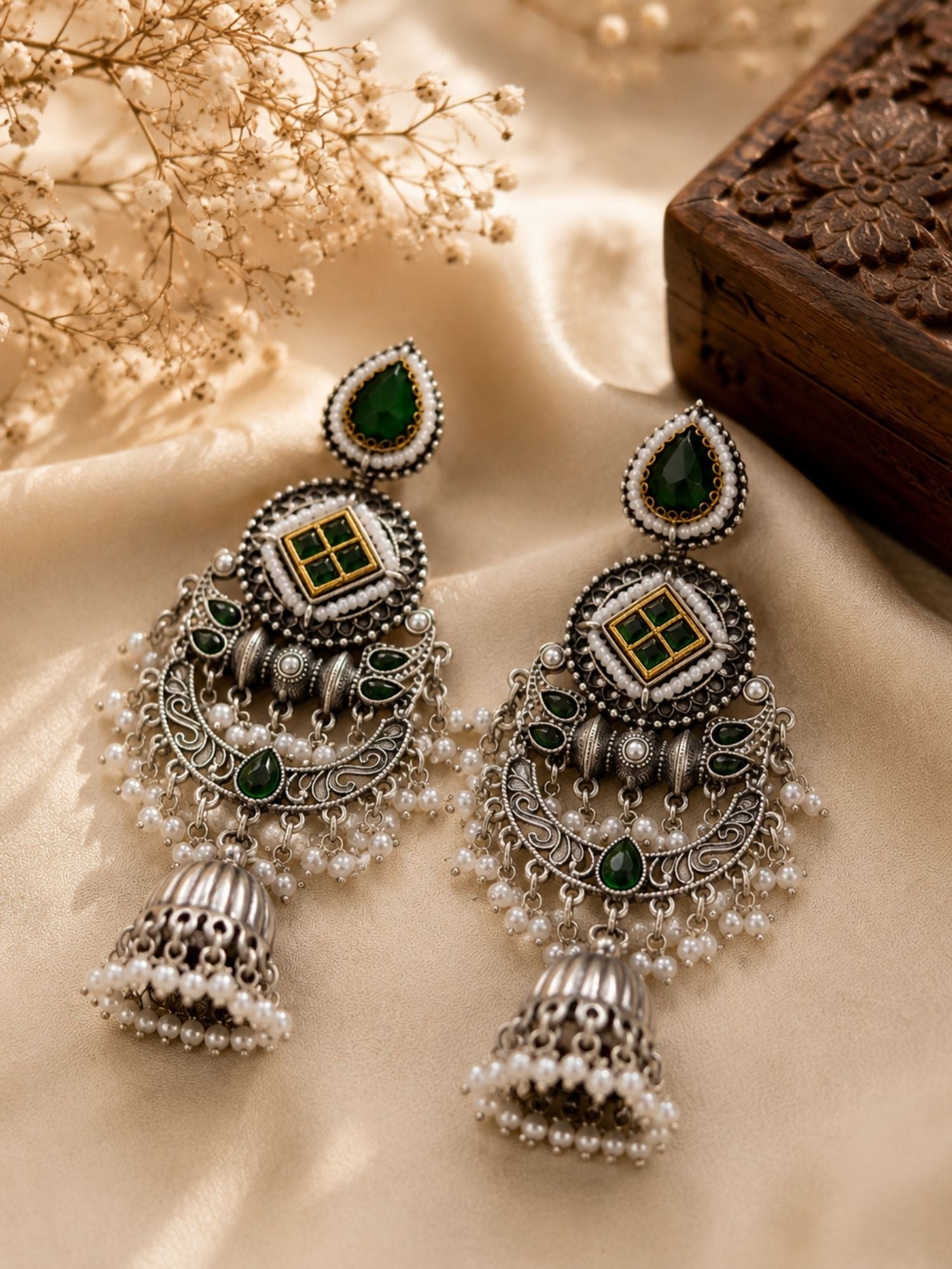 Oxidised Silver Green Stone Jhumka Earrings – Festive | Abdesigns