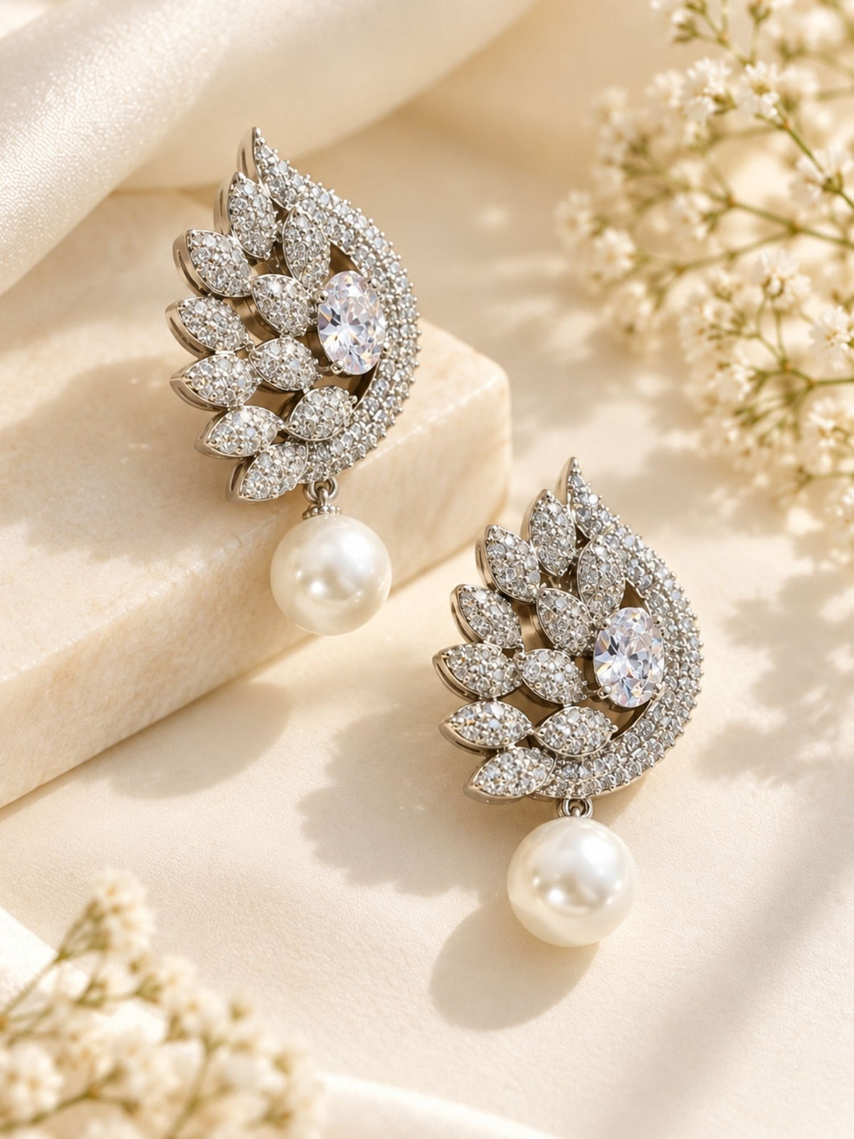 AD Stone Leaf Pearl Drop Statement Earrings Silver Plated | Abdesigns