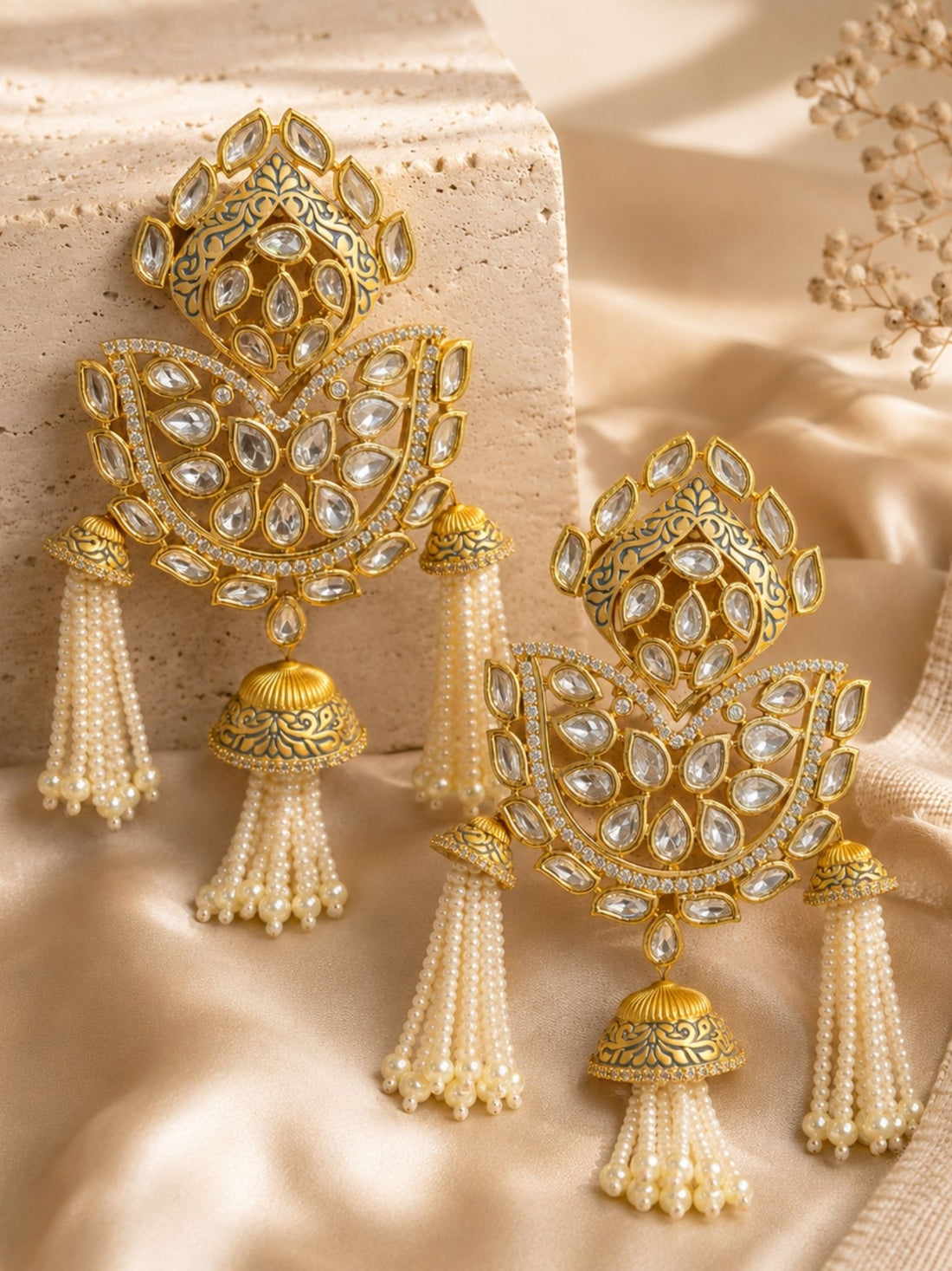 Kundan Polki Pearl Tassel Statement Earrings for Women