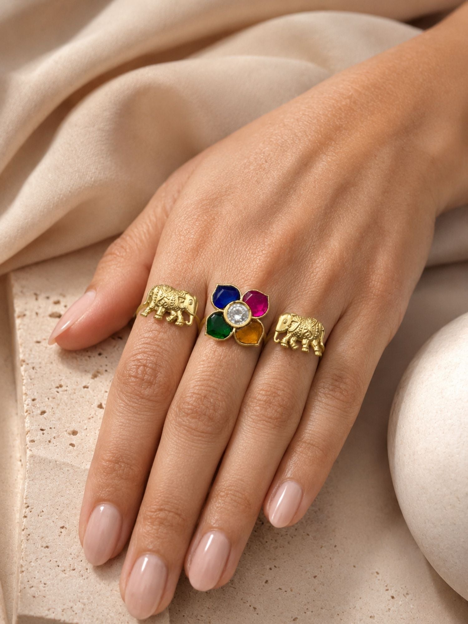 Multicolor Floral & Elephant Adjustable Ring Set for Women