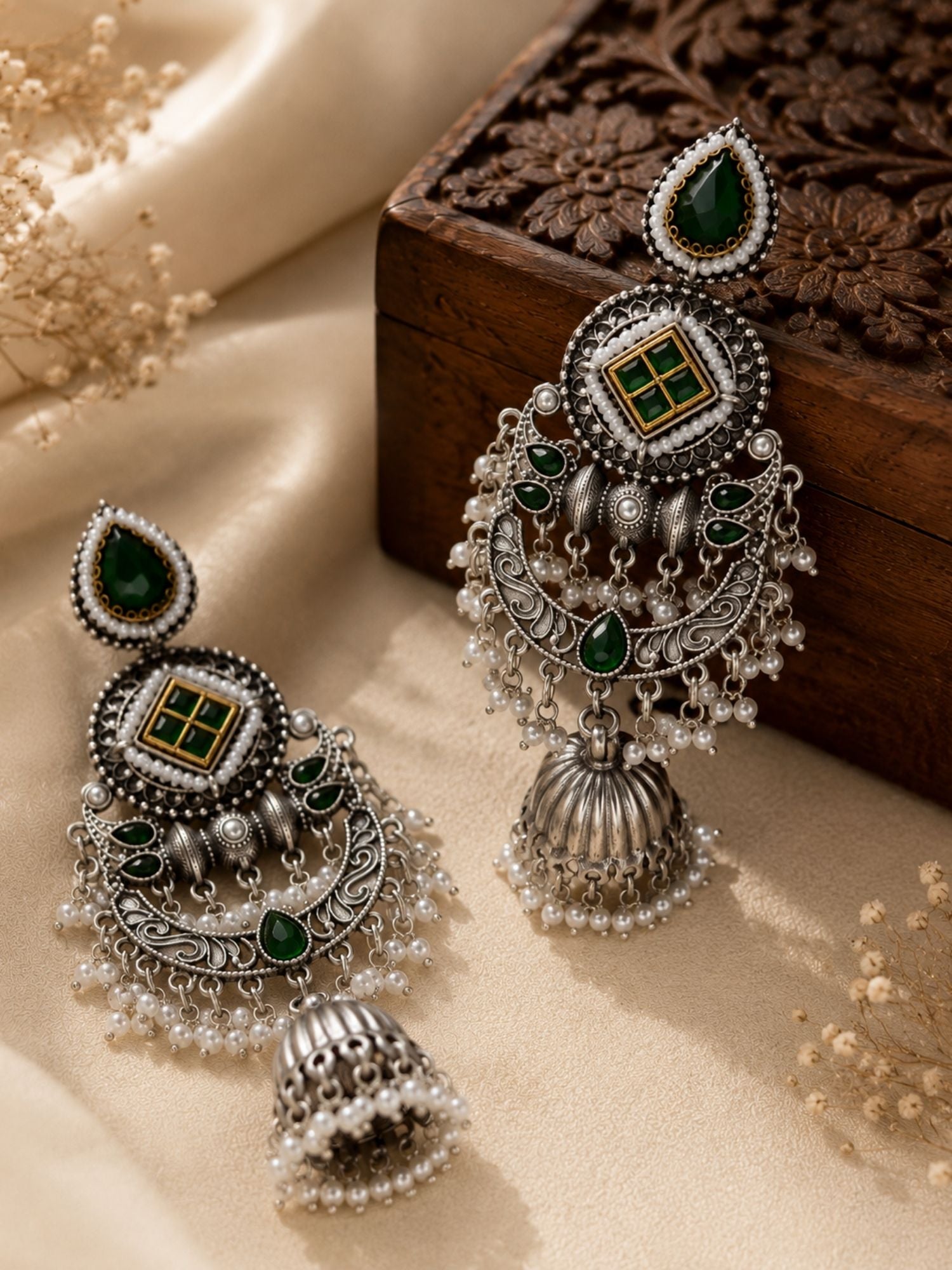 Oxidised Silver Green Stone Jhumka Earrings – Festive | Abdesigns