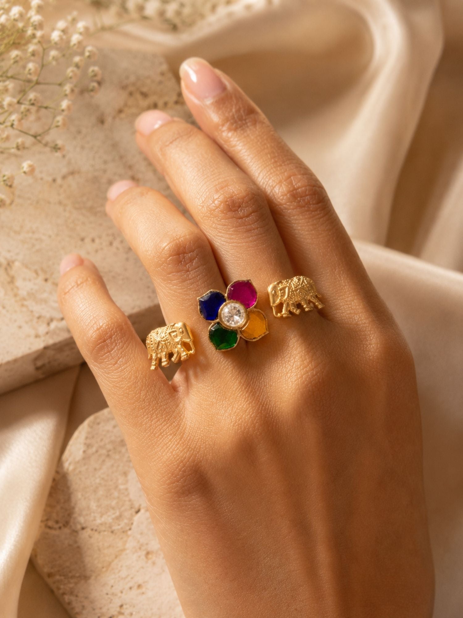 Multicolor Floral & Elephant Adjustable Ring Set for Women