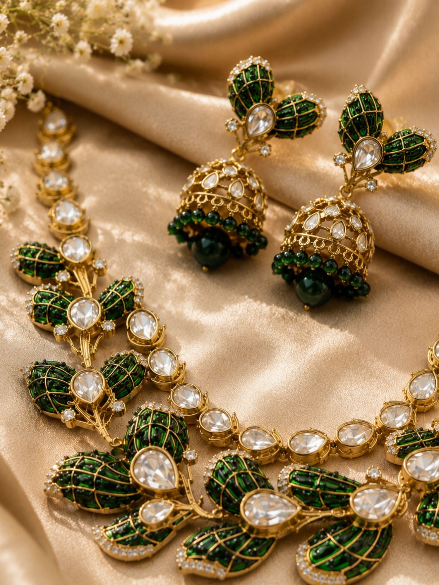 Green Leaf Necklace Set in Gold Plating – Bridal | Abdesigns