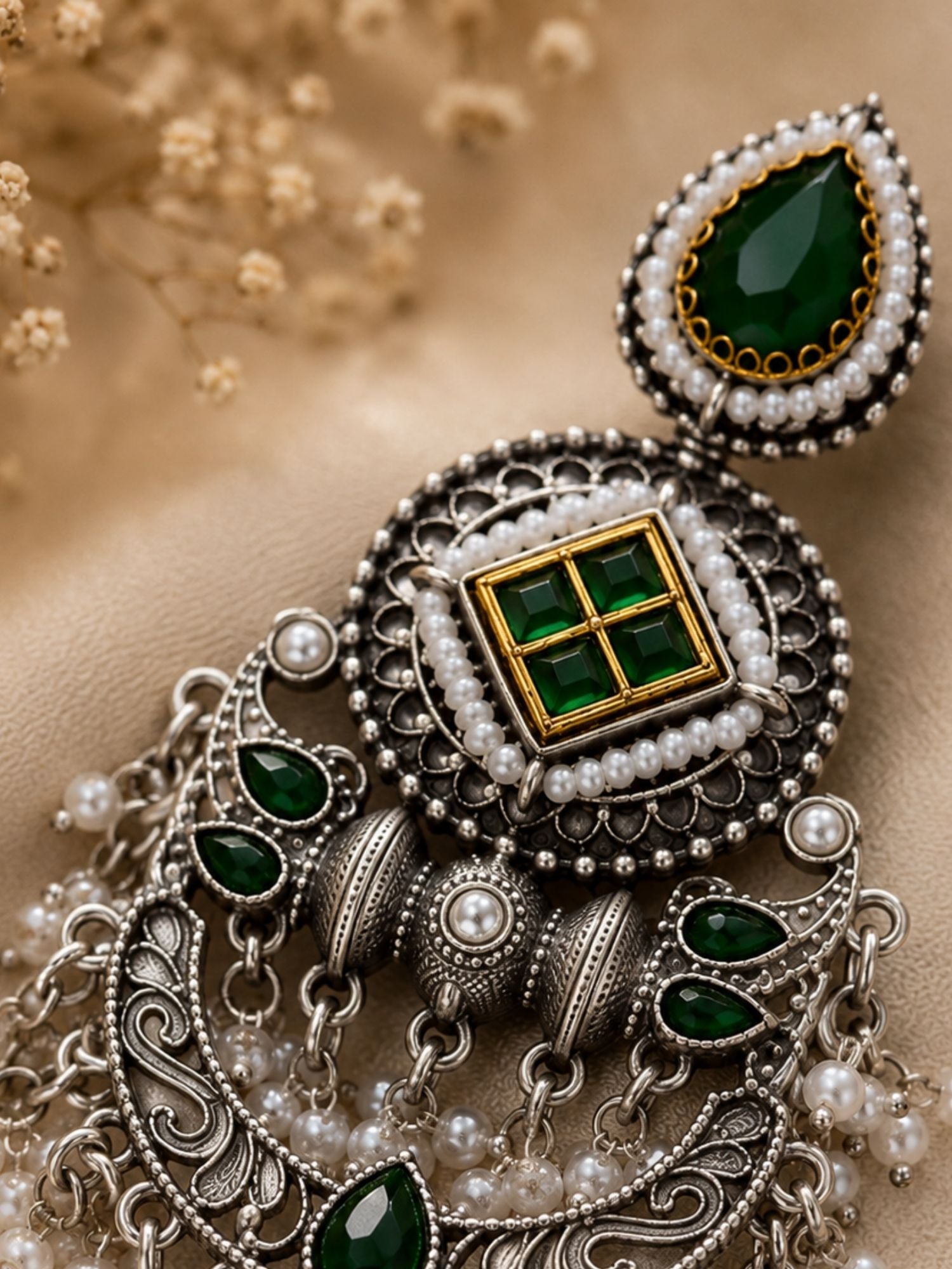 Oxidised Silver Green Stone Jhumka Earrings – Festive | Abdesigns
