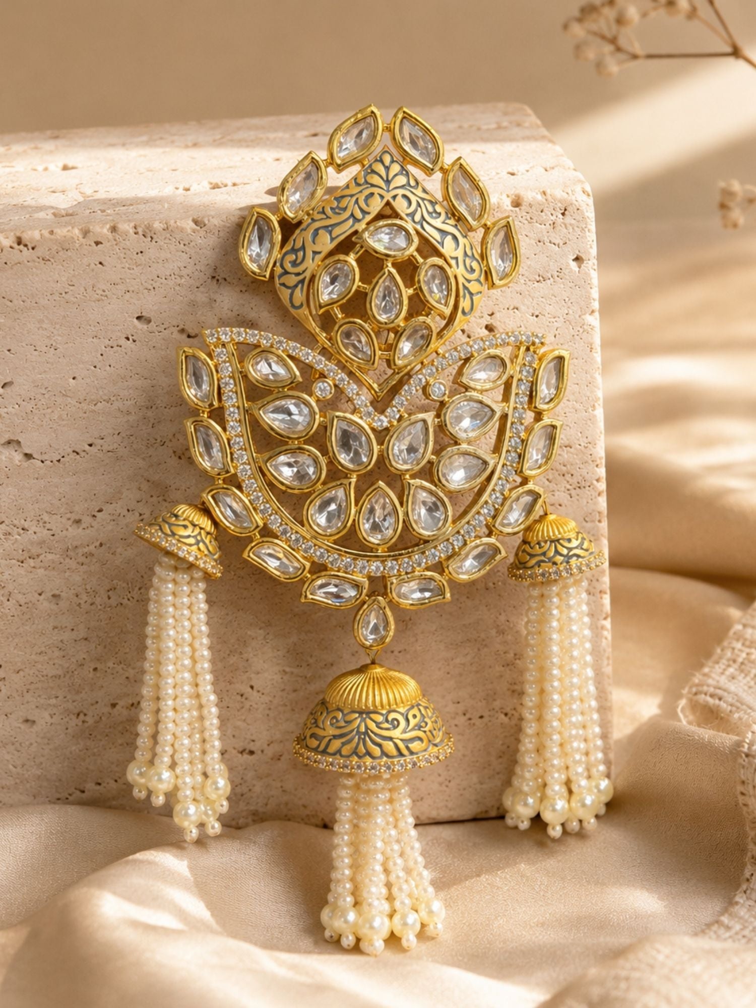 Kundan Polki Pearl Tassel Statement Earrings for Women